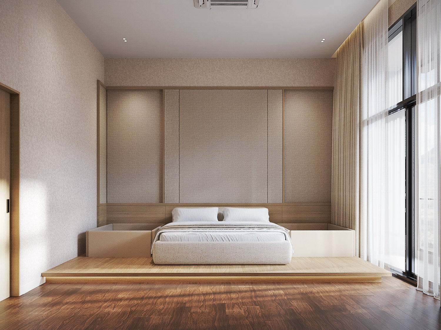 Bangkok Boulevard interior design — principal bedroom with a low upholstered bed on an extended timber platform with concealed lighting, framed by tall fabric panels