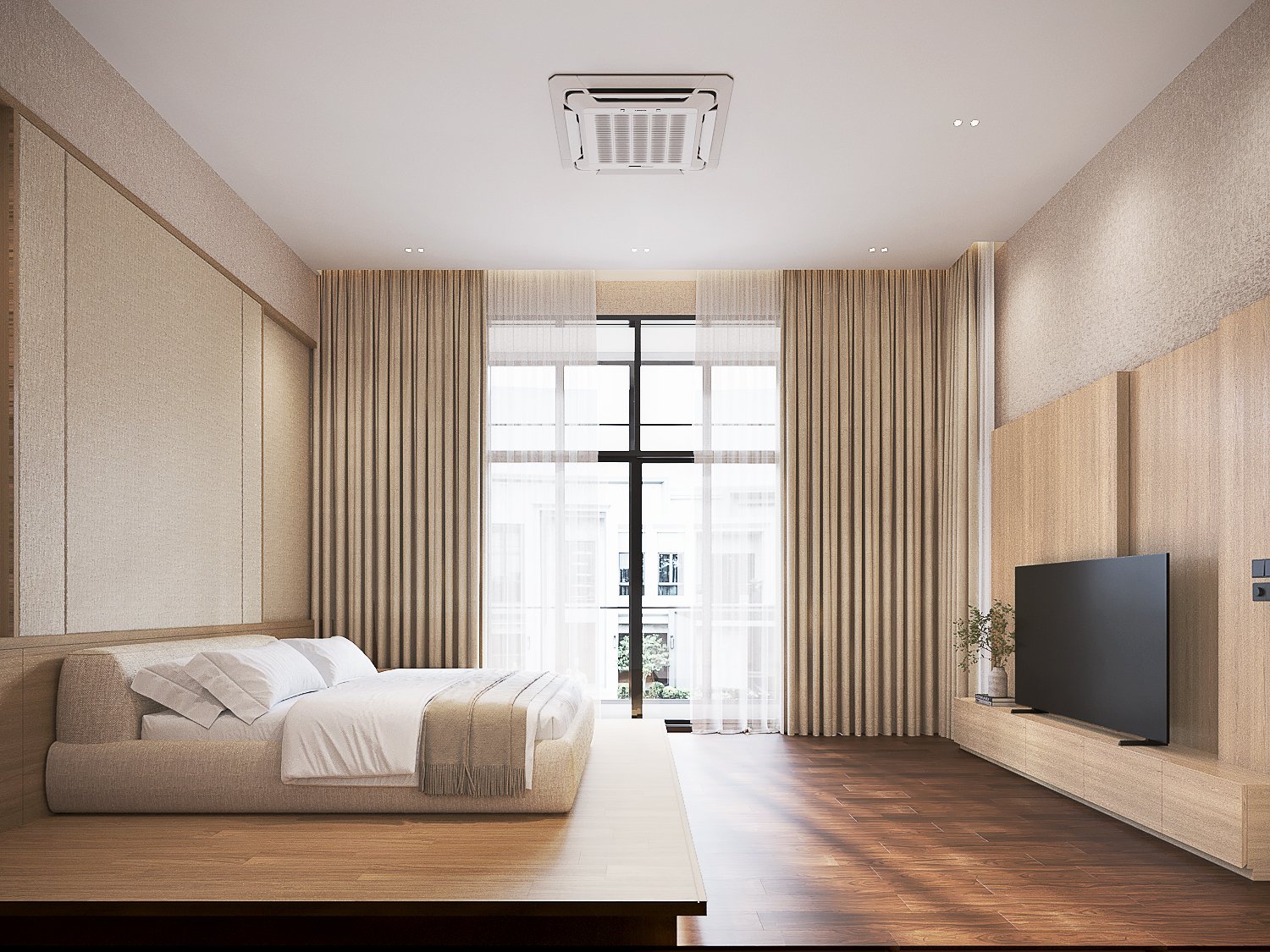Bangkok Boulevard interior design — principal bedroom with layered sheer and linen curtains, a timber television wall and dark timber flooring