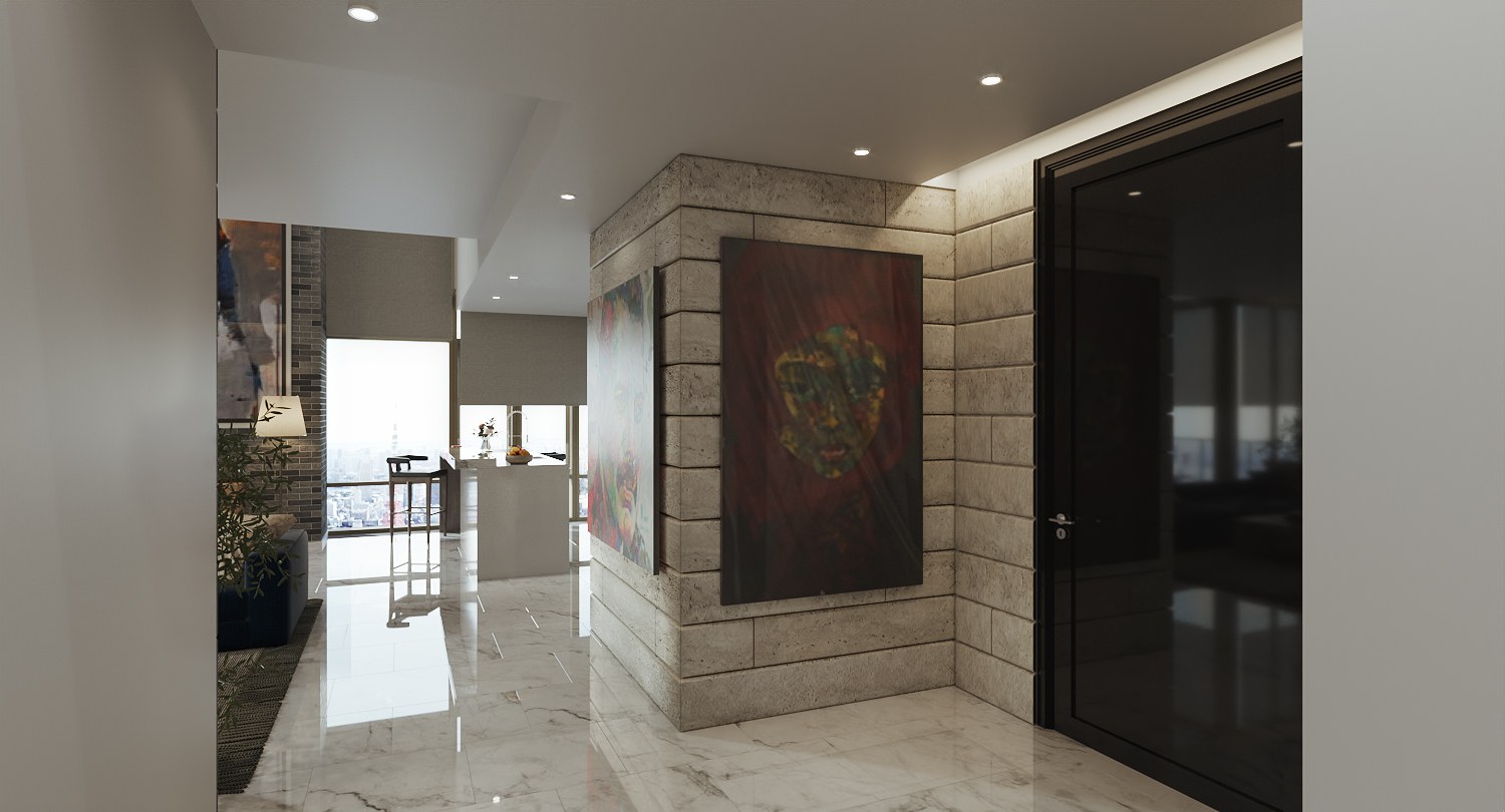 Four Seasons Residences Bangkok duplex entrance — a stone-textured wall with two paintings beside a dark glass door, with the pantry and living area beyond on a pale marble floor