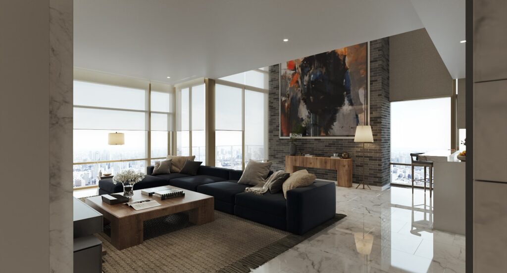 Four Seasons Residences Bangkok duplex interior design, living room with a deep blue modular sofa and a large painting on a dark textured wall