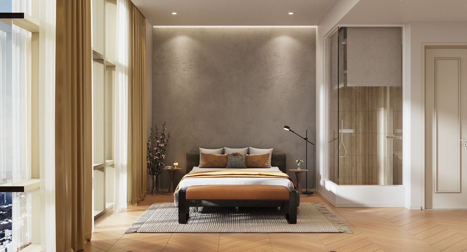 Four Seasons Residences Bangkok duplex bedroom — a bed with ochre cushions and a tan leather bench against a textured plaster wall washed with light, on a herringbone timber floor