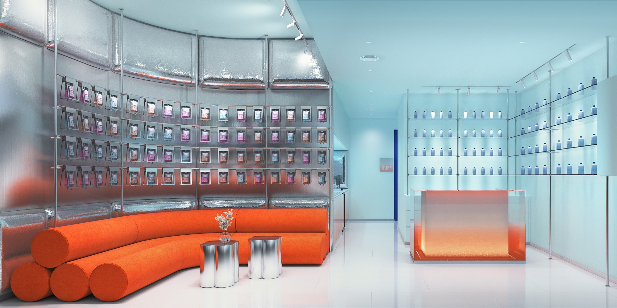 ส่วนต้อนรับ IV Drip Clinic — โซฟาโค้งหมอนข้างสีส้มหน้าผนังถุงน้ำเกลือในกรอบตะแกรงสเตนเลส ชั้นกระจก และเคาน์เตอร์ต้อนรับไล่เฉดสี
