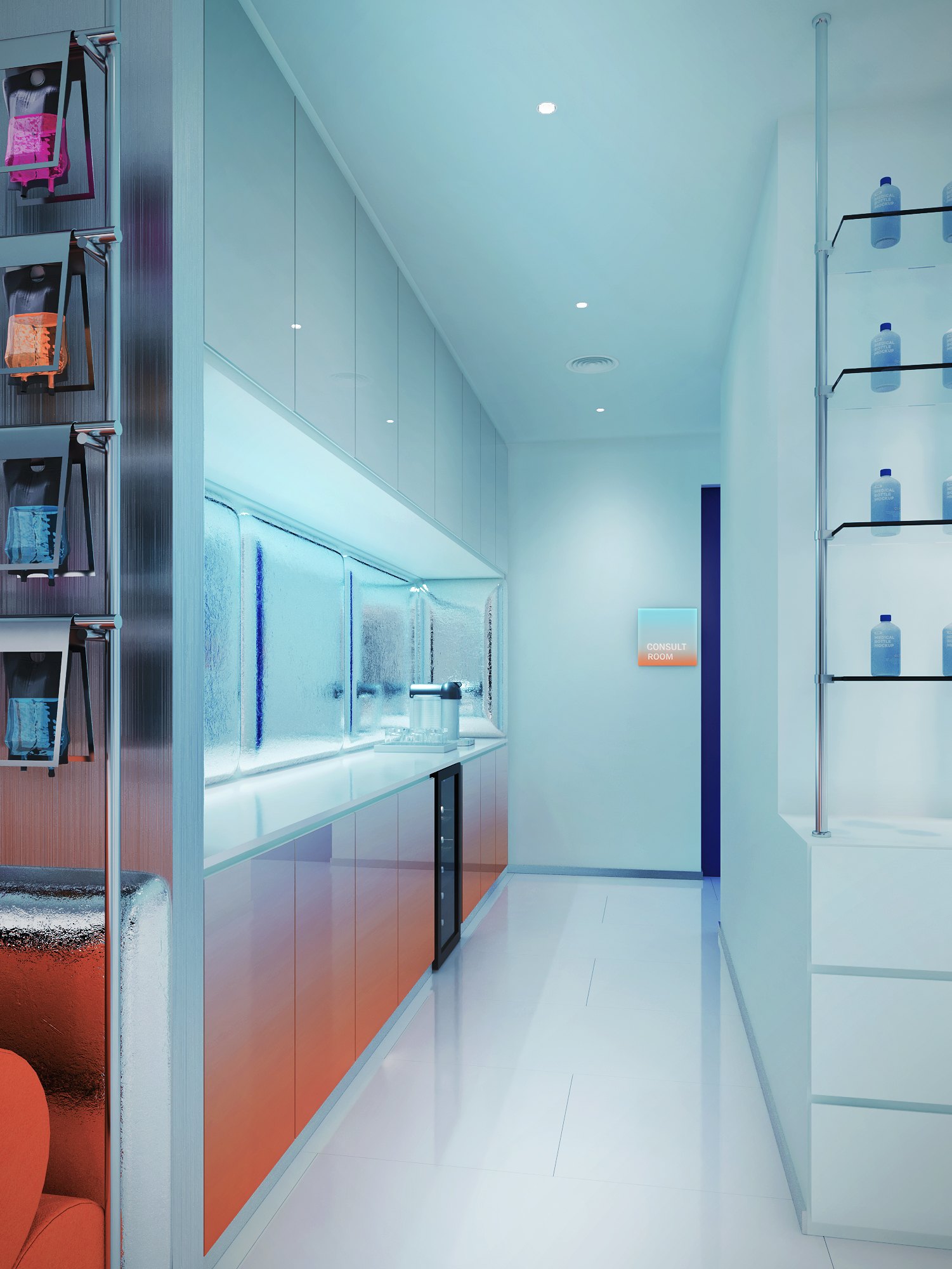 ทางเดินส่วนเตรียมยา IV Drip Clinic — ชั้นกระจกวางขวด เคาน์เตอร์สีขาวบนฐานไล่เฉดส้มสู่ขาว และบานตู้กระจกลอน