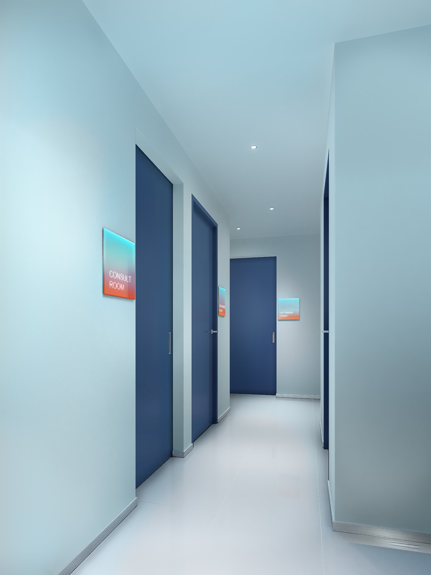 ทางเดิน IV Drip Clinic — ผนังสีอ่อน ประตูสีกรมท่า และป้ายห้องไล่เฉดสีเรืองแสง