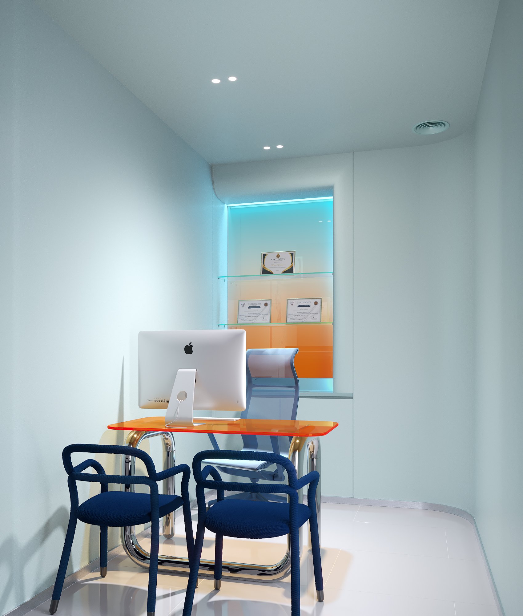 ห้องปรึกษา IV Drip Clinic — โต๊ะสีส้มบนโครงโครเมียม เก้าอี้สีกรมท่า และช่องซ่อนไฟสำหรับใบรับรอง