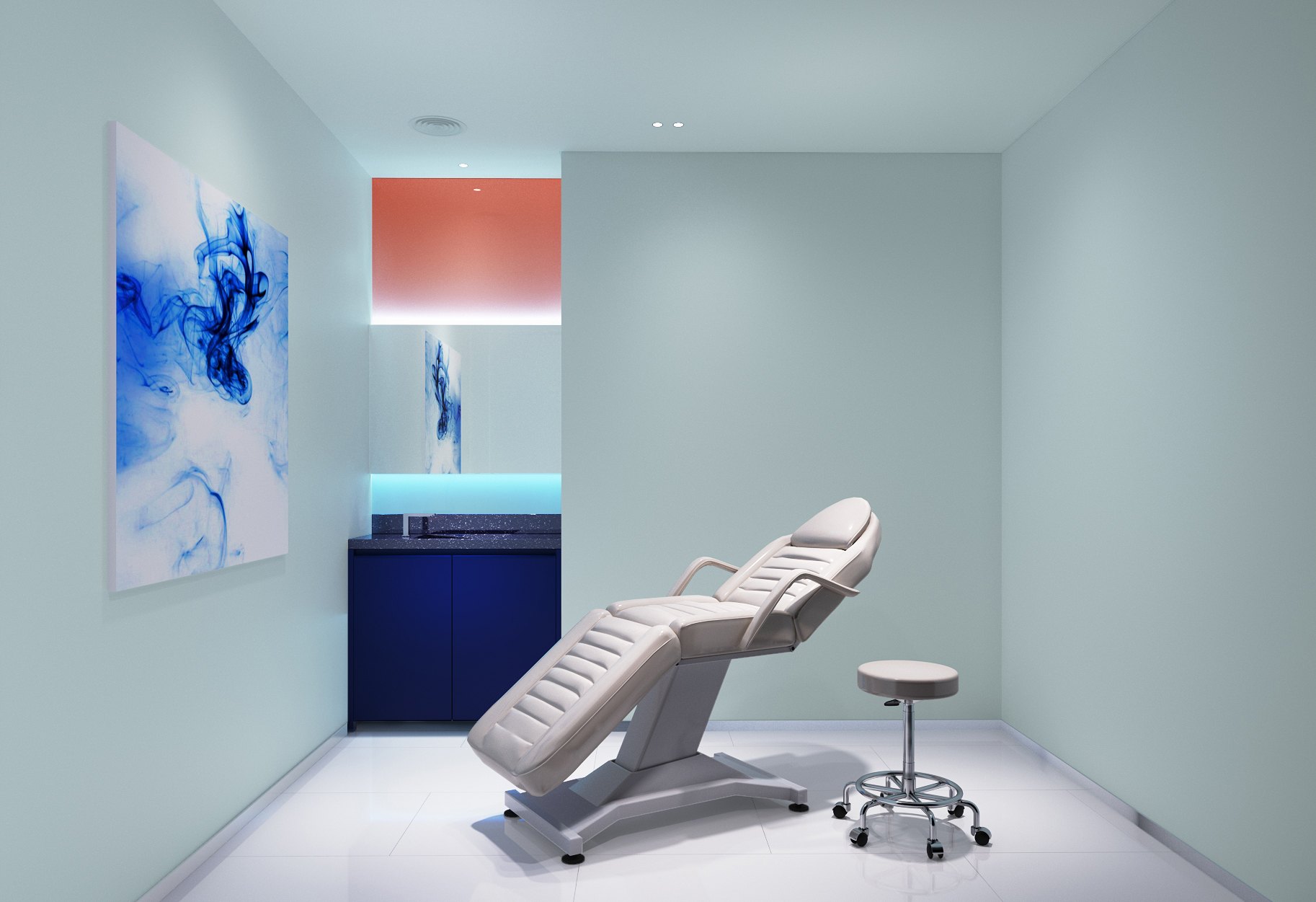 ห้องทำหัตถการ IV Drip Clinic — เก้าอี้ทำหัตถการสีขาวและสตูล ภาพหมึกสีน้ำเงิน และตู้อ่างสีกรมท่าใต้แผงสีส้ม