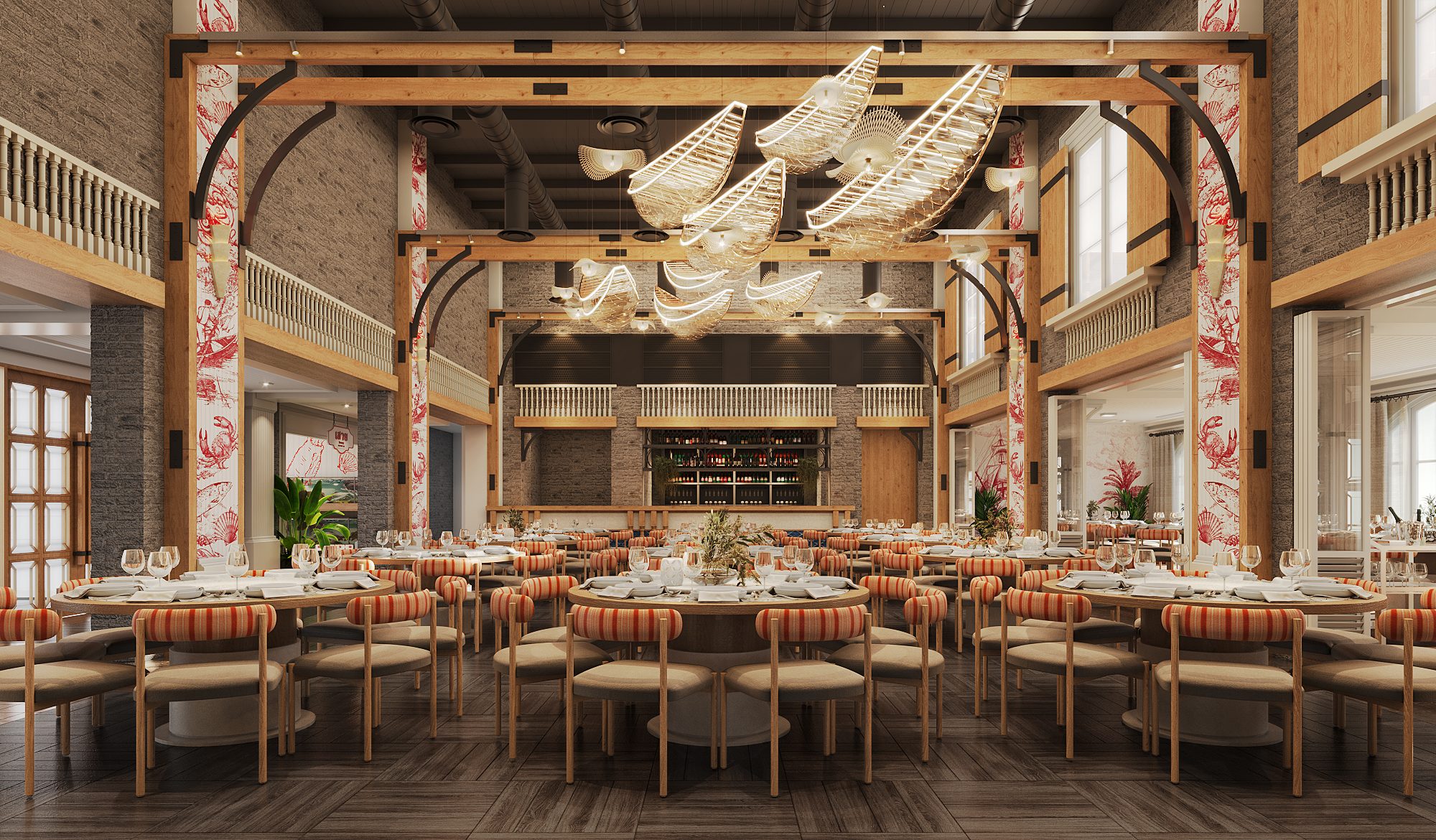 Savoey Sukhumvit 26 — central hall framed in timber and black steel brackets, with balustraded gallery and bar wall