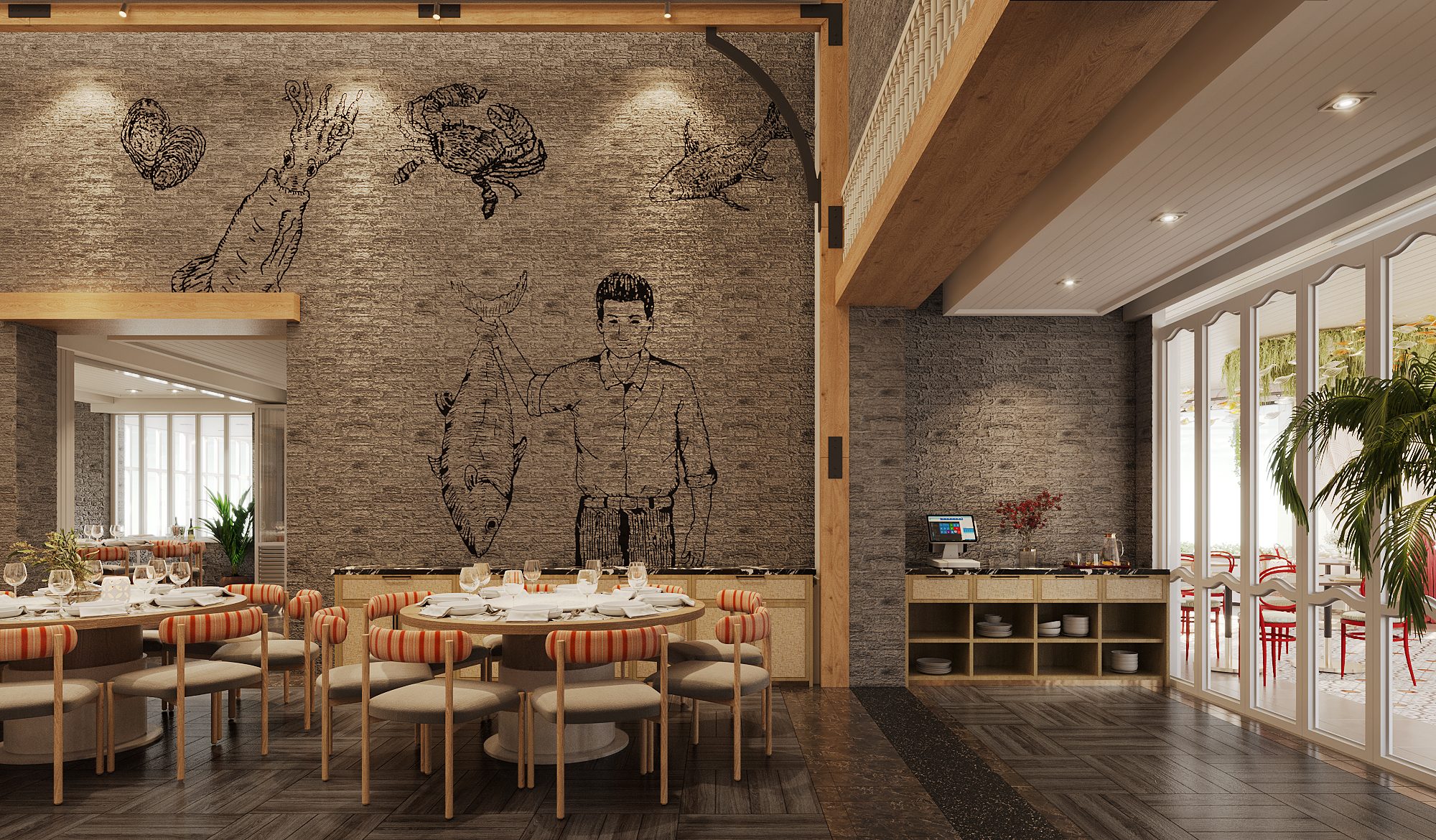 Savoey Sukhumvit 26 — illustrated fisherman wall with integrated service stations in rattan and stone