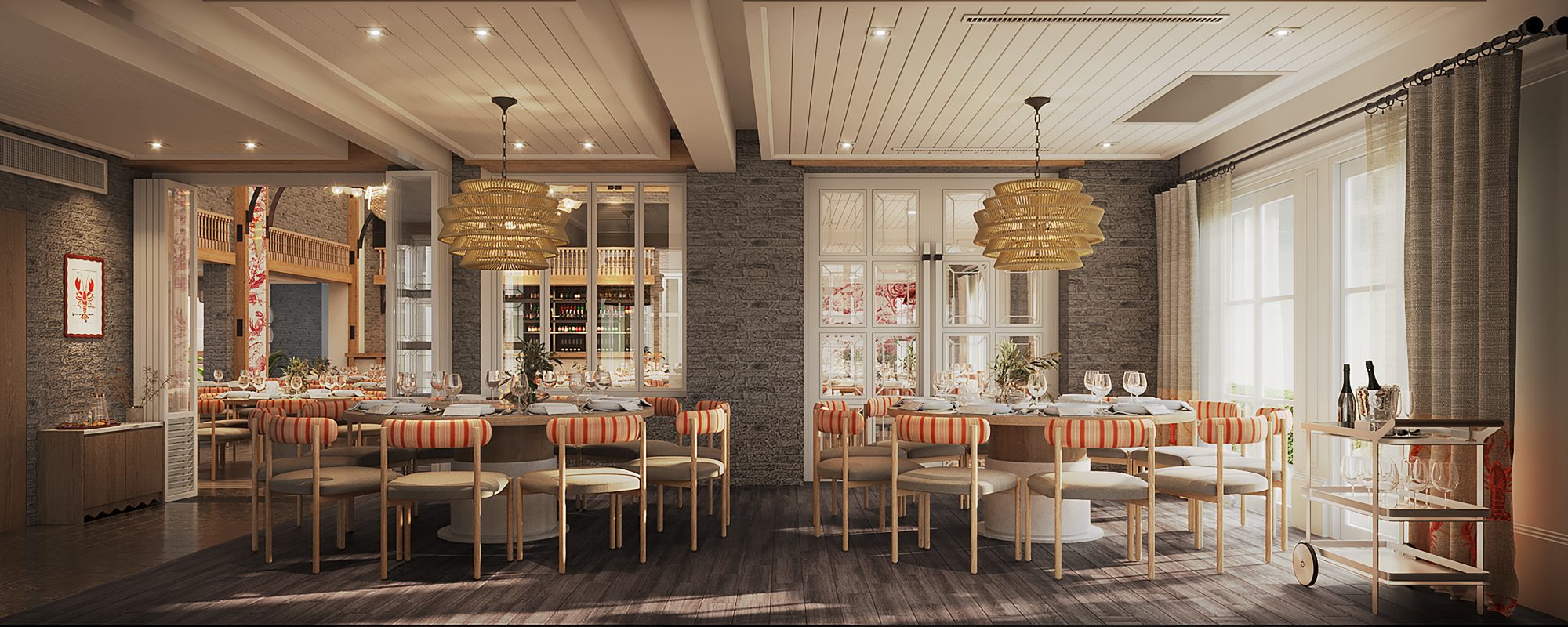 Savoey Sukhumvit 26 — dining room with rattan pendants, grey stone walls and garden-facing windows