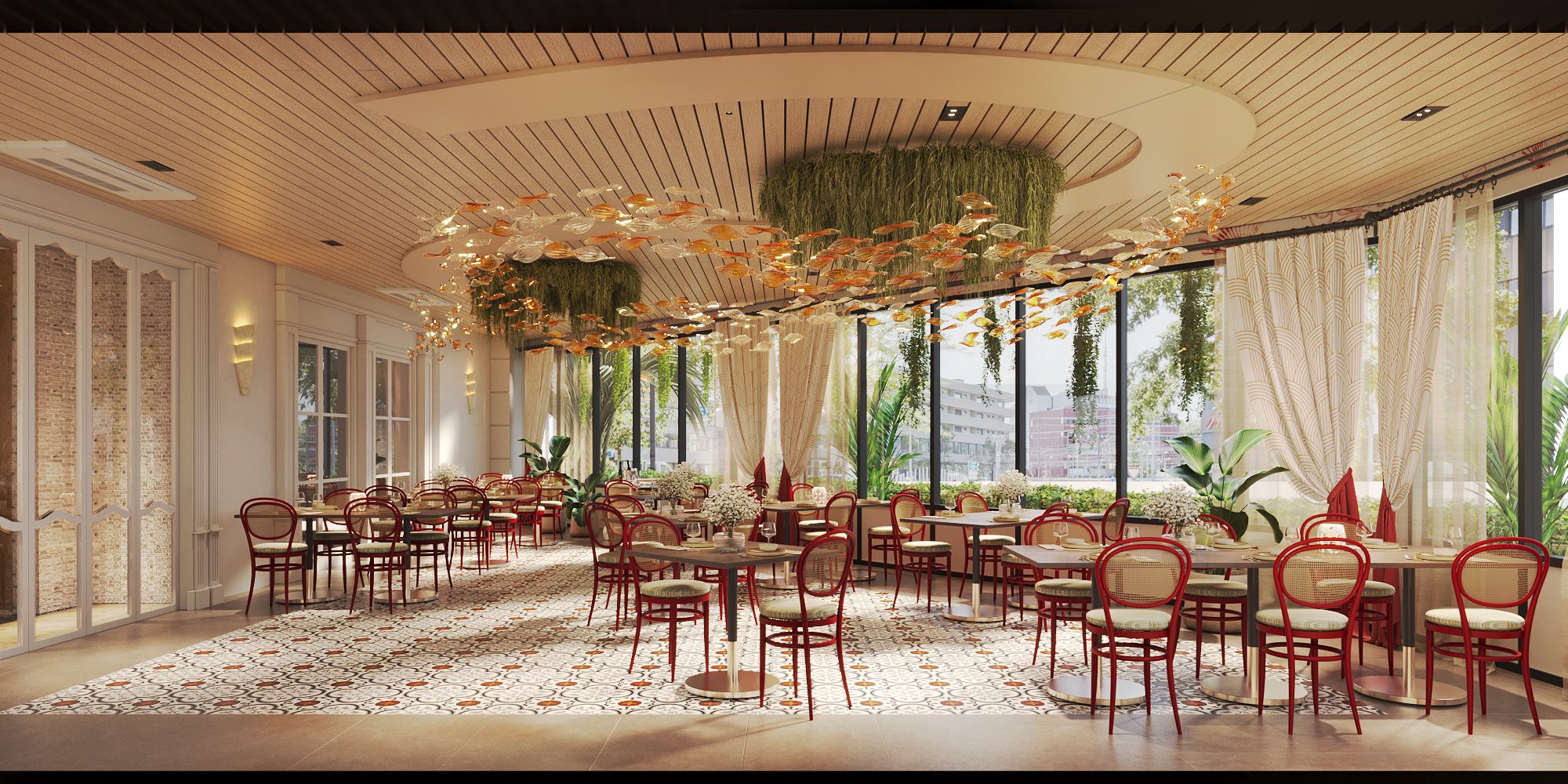Savoey Sukhumvit 26 — the Tree House, a dining room with red bentwood chairs, patterned tiles and a ceiling of glass fish and planting