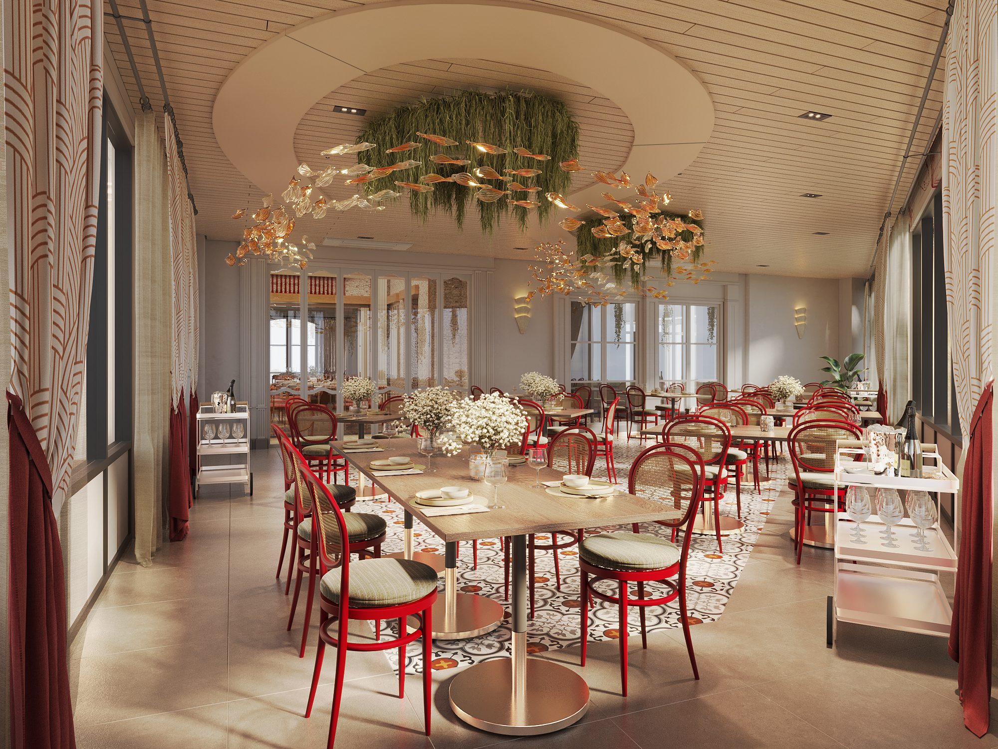 Savoey Sukhumvit 26 — Tree House long table with red cane-back chairs, patterned curtains and serving trolleys