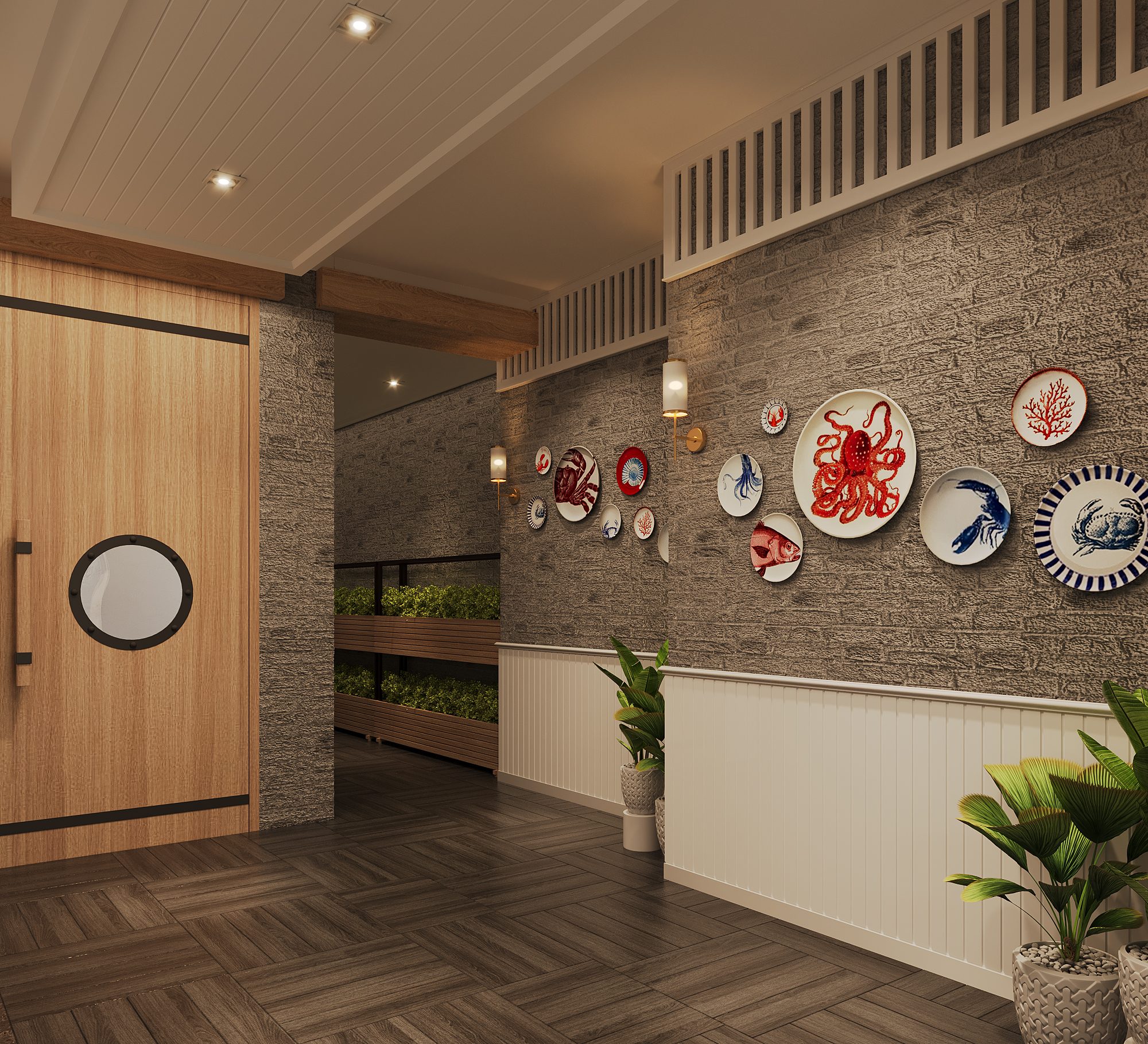 Savoey Sukhumvit 26 — corridor with illustrated sea-creature plates on a stone wall, white wainscot and a porthole door