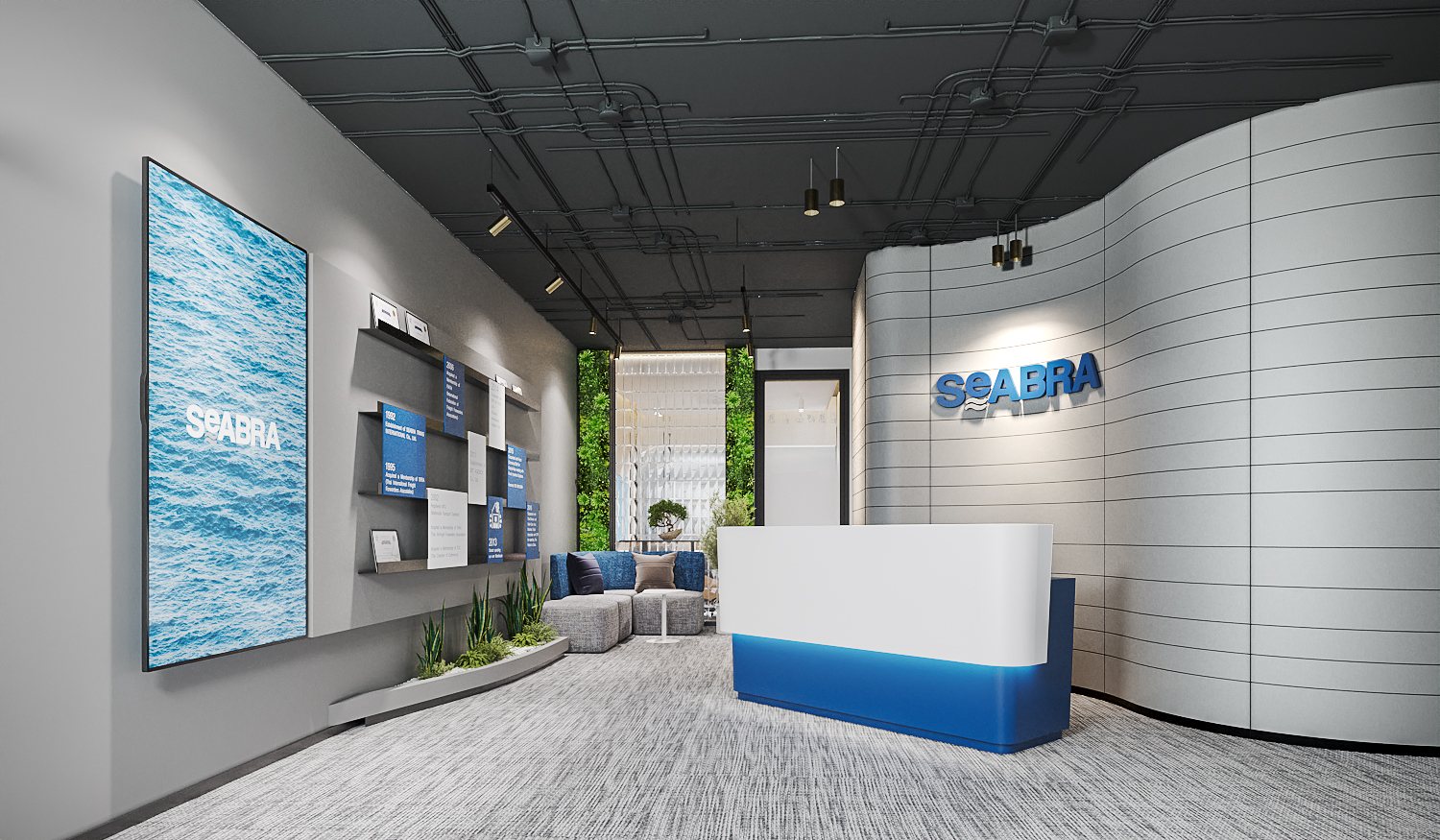 Seabra Trans International office interior design — white reception desk with a blue gradient base against a curved, horizontally lined wall, with a company timeline display