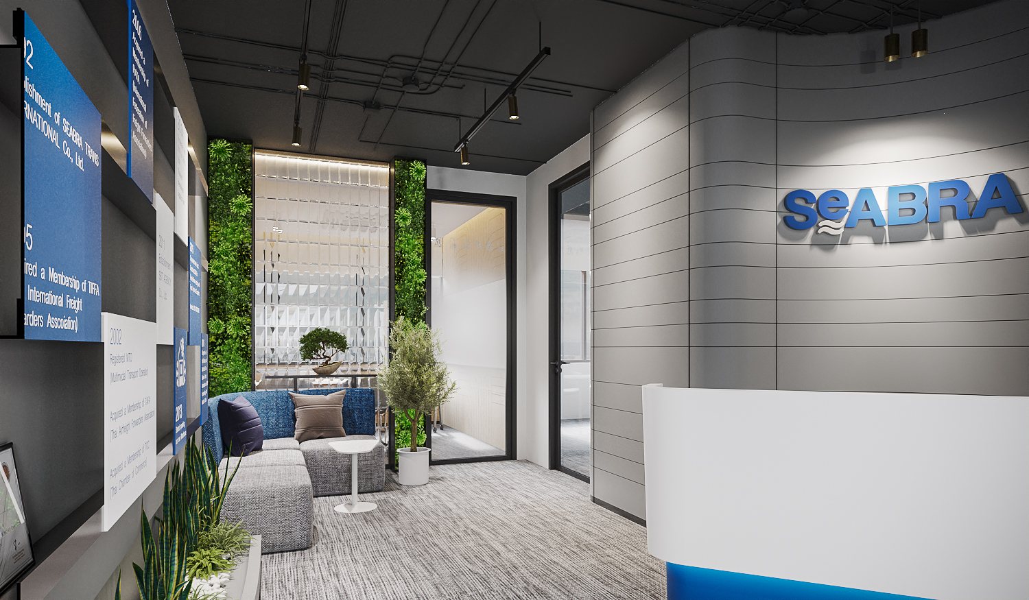 Seabra Trans International — reception lounge with upholstered seating, a green wall and the curved brand wall