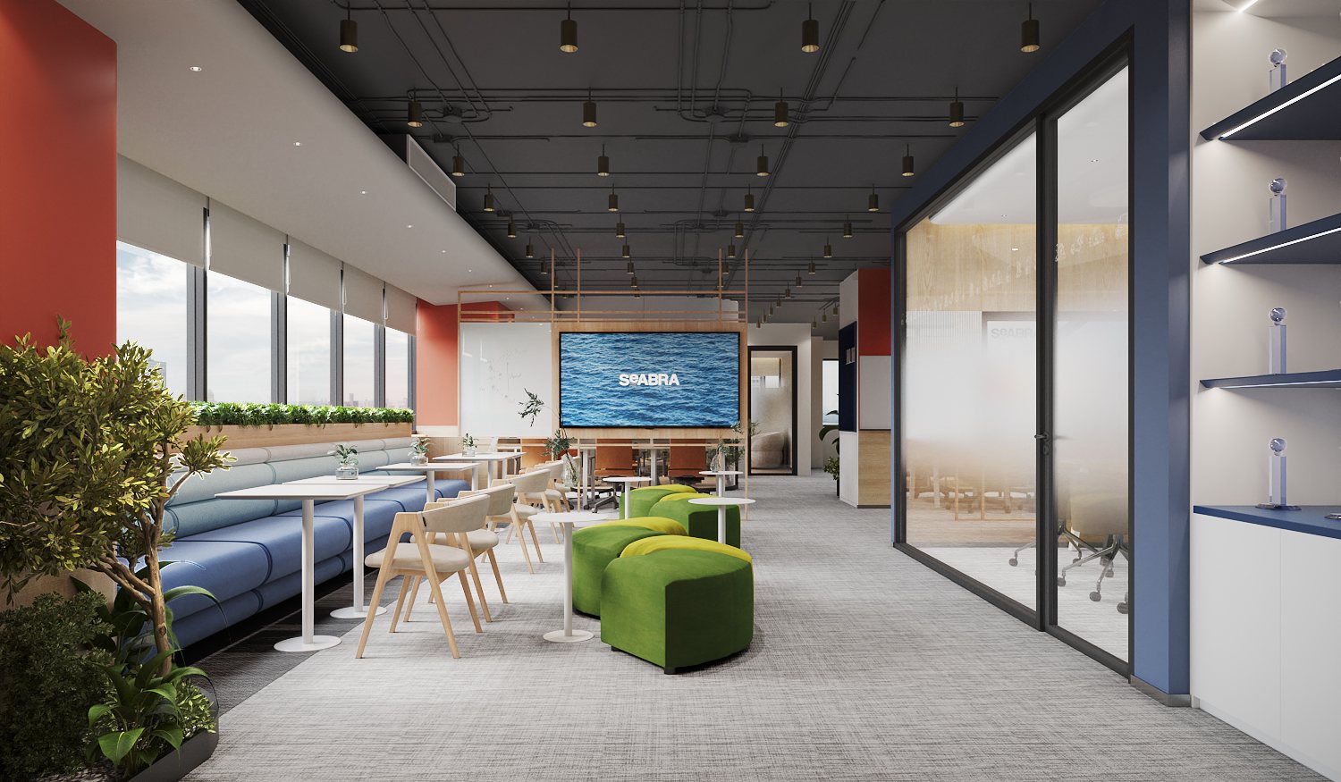 Seabra Trans International — multipurpose area with a long blue banquette, white tables, green stools and a dark exposed ceiling