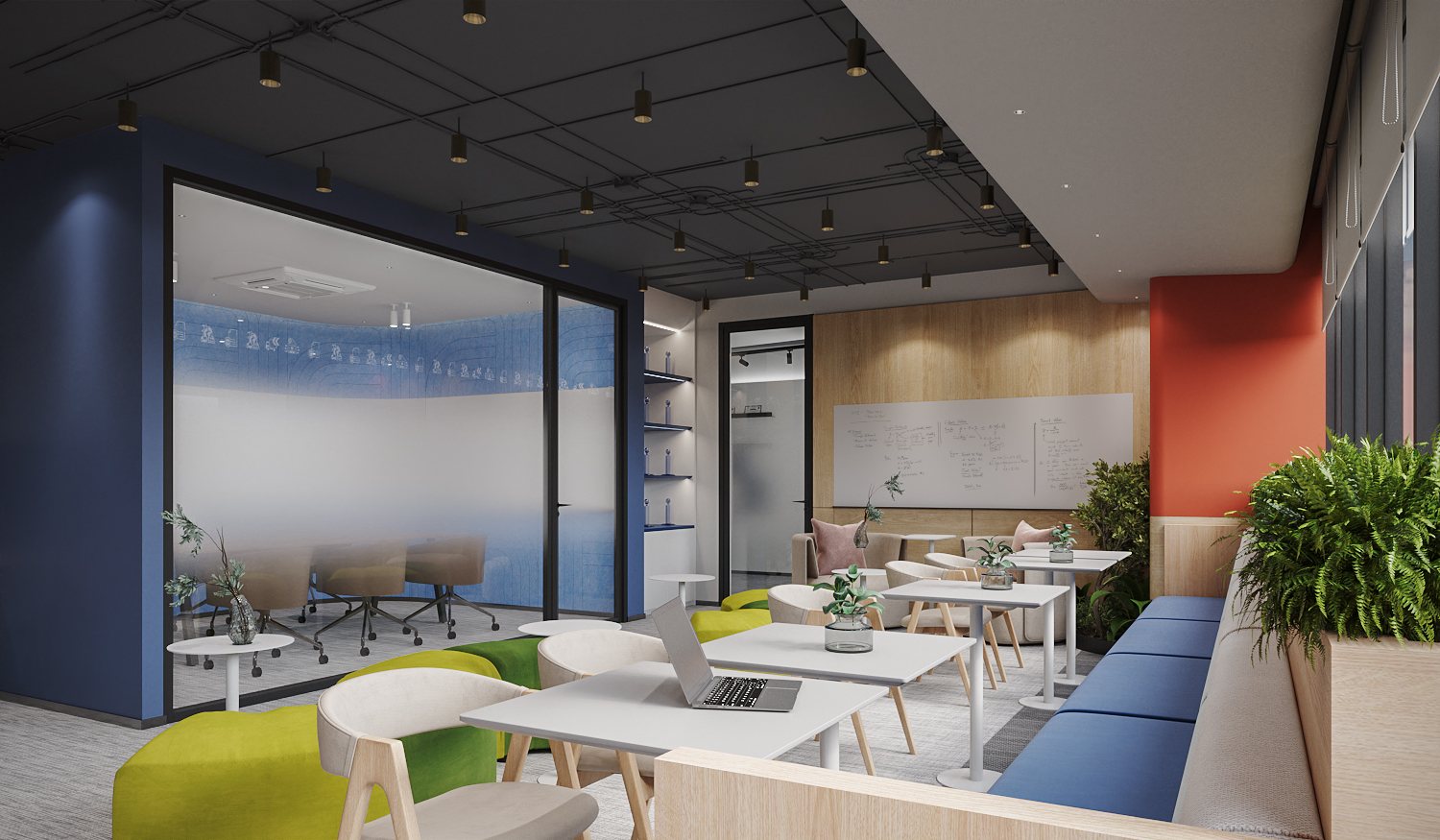 Seabra Trans International — multipurpose area beside a blue-framed glass meeting room, with orange accent wall and timber panelling