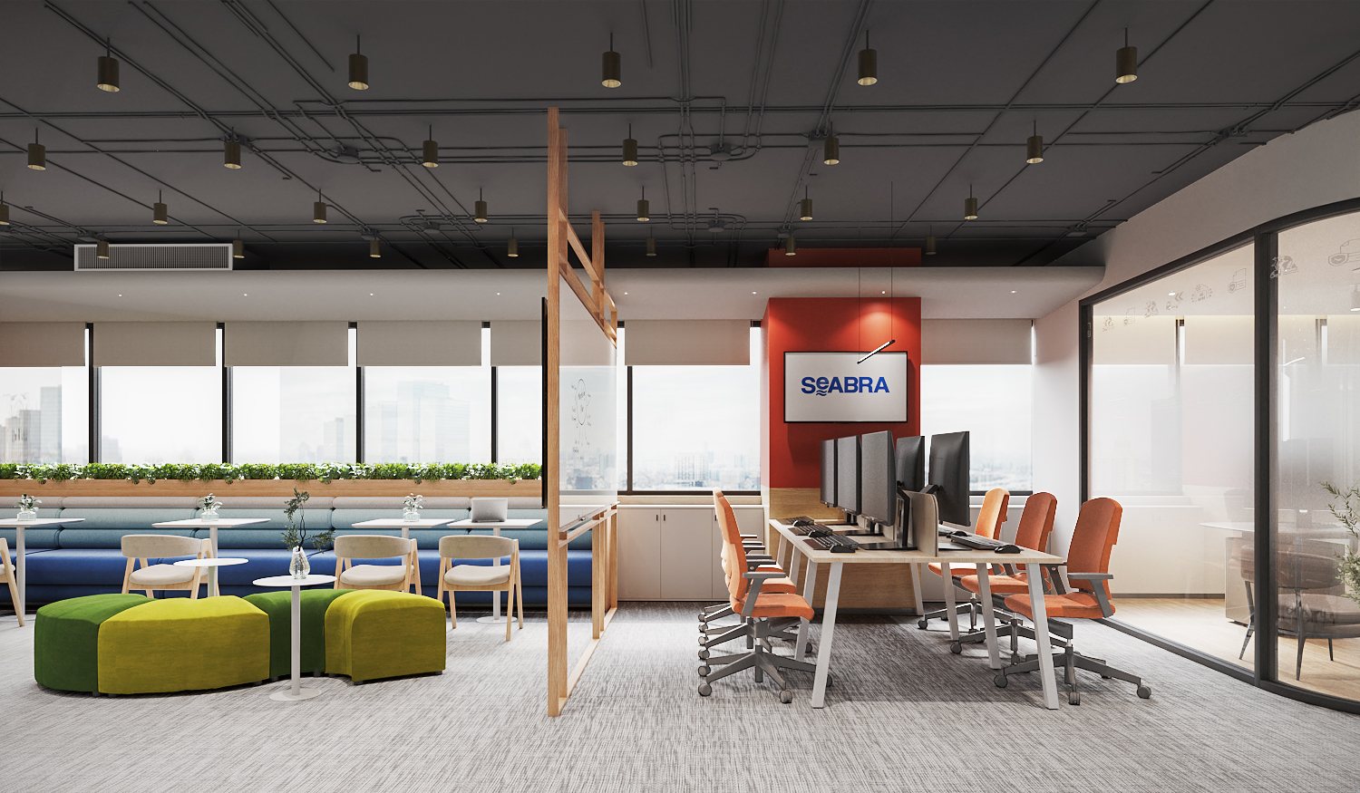 Seabra Trans International — workstations with orange task chairs beside the lounge, divided by a timber frame, with city views