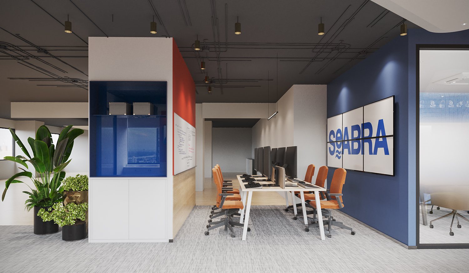 Seabra Trans International — workstations along a deep-blue wall with a large Seabra graphic