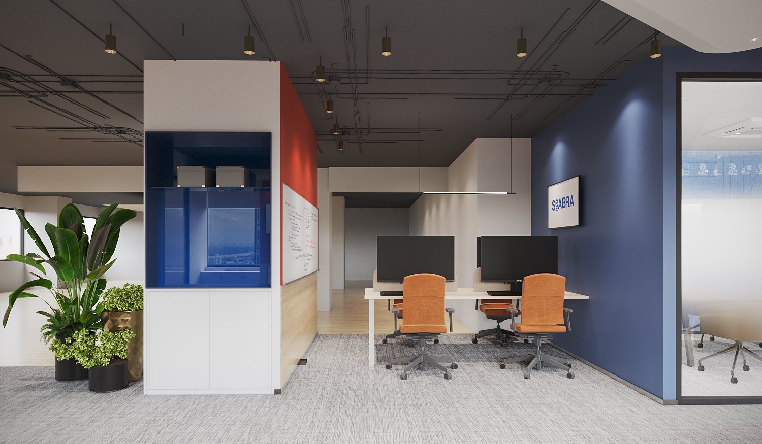 Seabra Trans International — workstations beside a white, orange and blue storage column with a writing surface