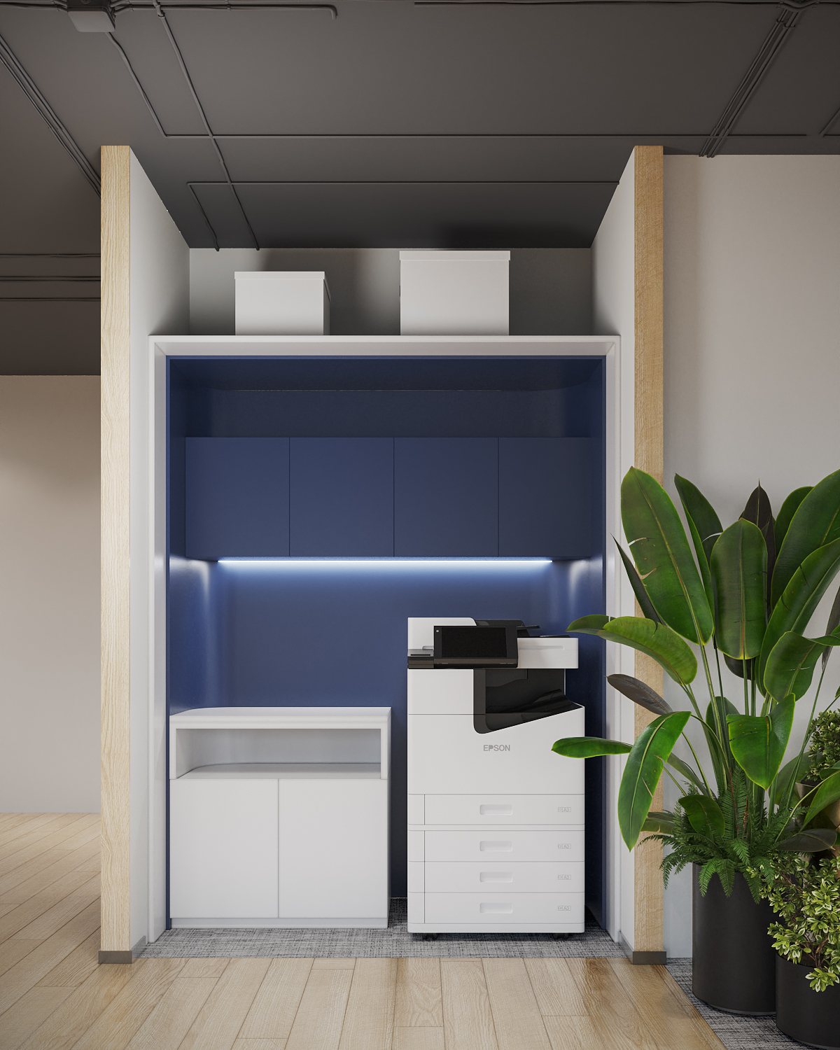 Seabra Trans International — print niche with deep-blue upper cabinets, under-cabinet lighting and timber edges
