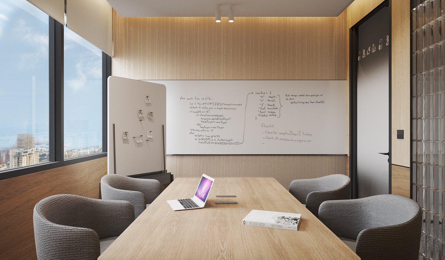 Seabra Trans International — meeting room with ribbed timber walls, a full-width writing surface and woven upholstered chairs
