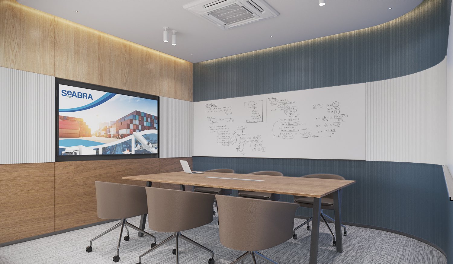 Seabra Trans International — meeting room with a curved blue wall, timber panelling, presentation screen and writing surface
