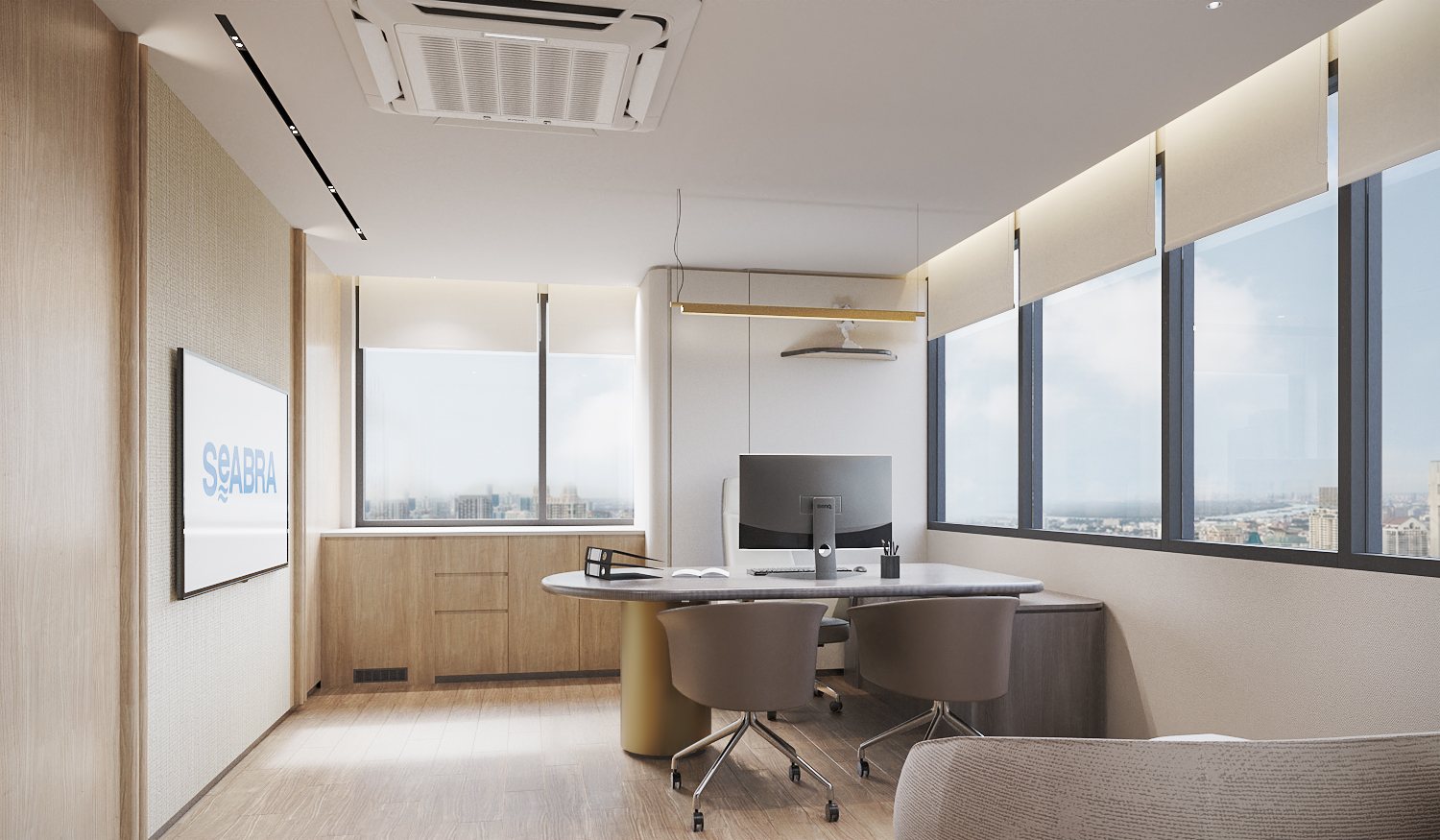 Seabra Trans International — executive room with pale timber, a curved desk on a brass base and city views