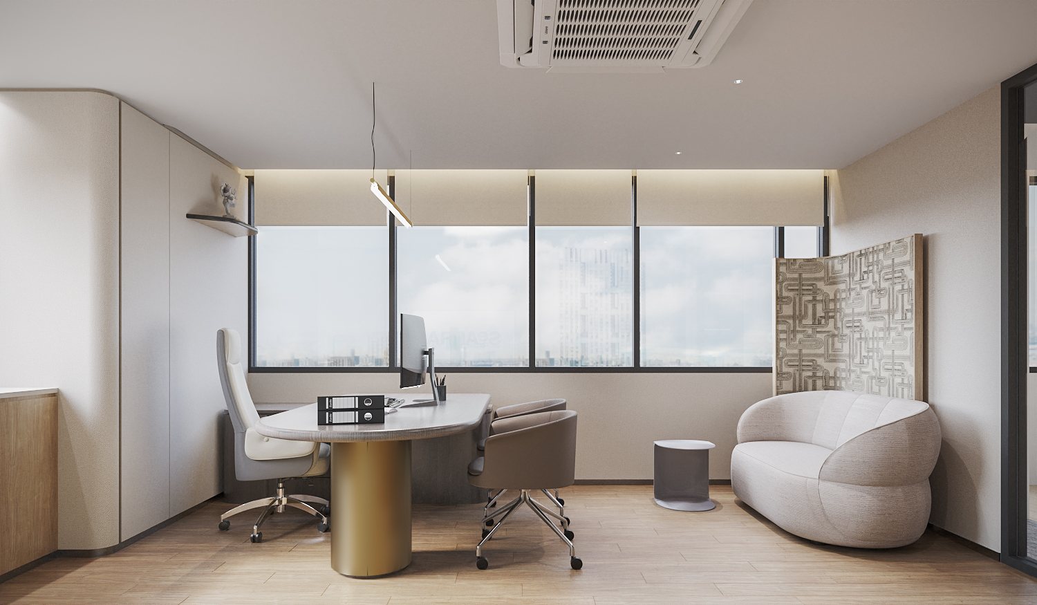 Seabra Trans International — executive room with a rounded lounge sofa, patterned screen and integrated storage