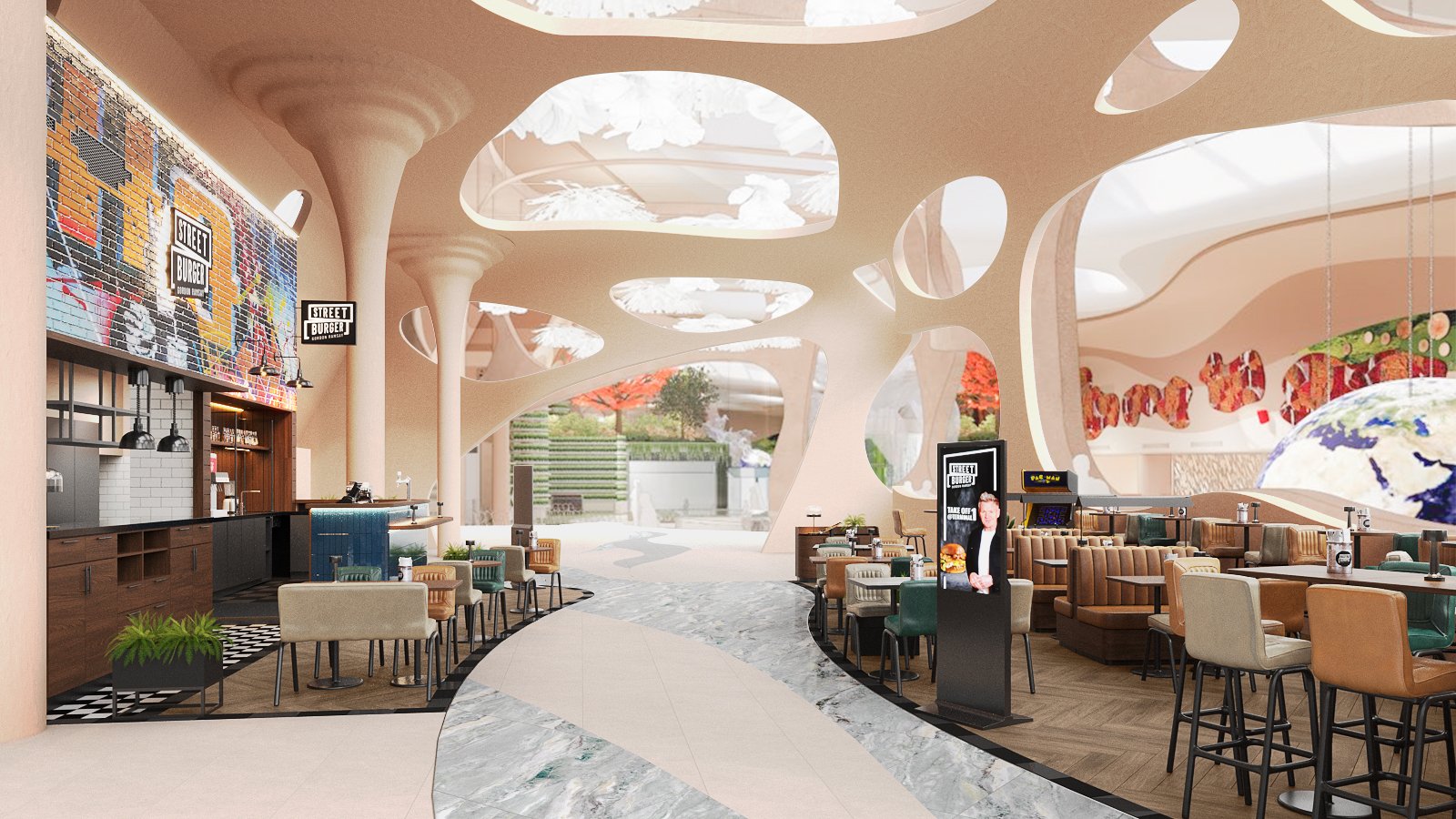 Street Burger by Gordon Ramsay restaurant interior design — two dining areas either side of a curving marble circulation route, with leather booths, diner chairs and high seating
