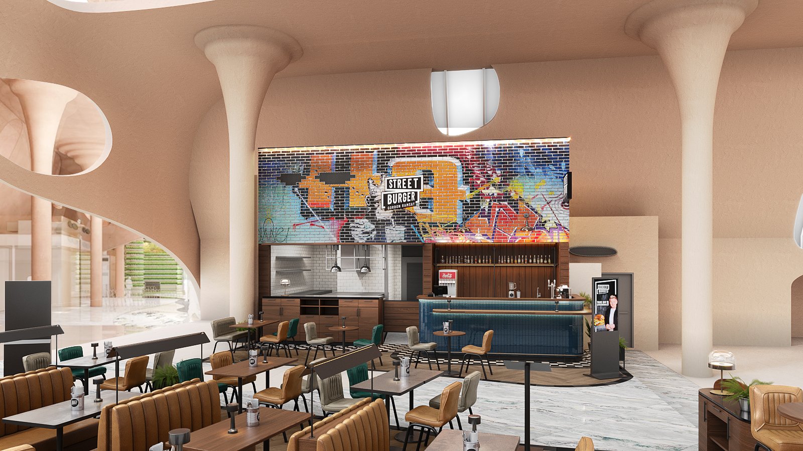 Street Burger by Gordon Ramsay restaurant interior design — open frontage with the curved deep-blue tiled bar, checkerboard service floor and graffiti wall between sculptural columns
