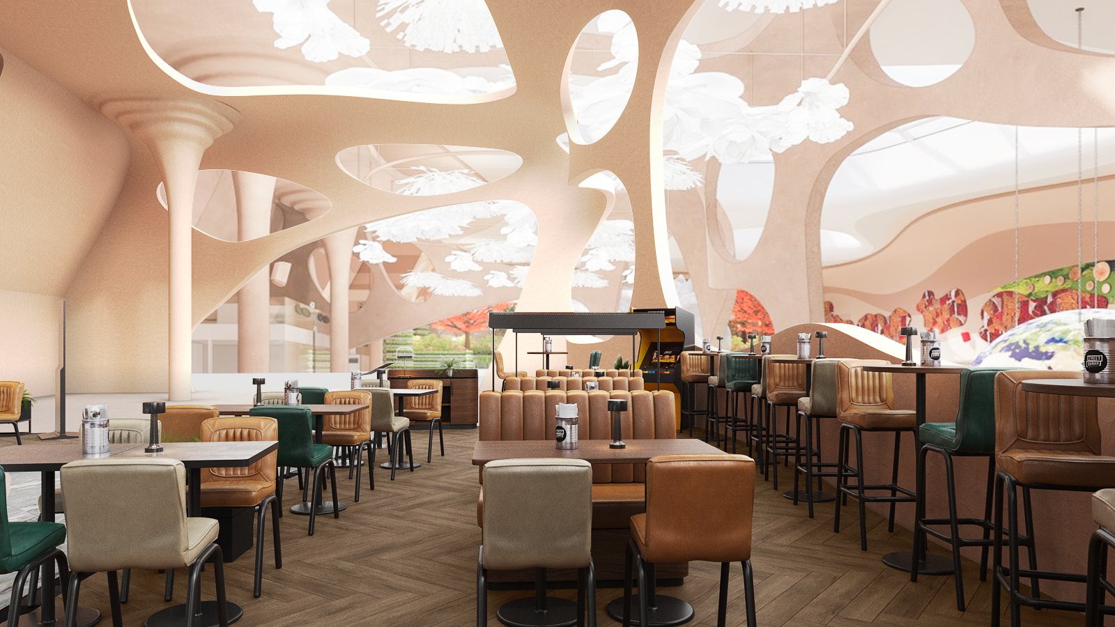 Street Burger by Gordon Ramsay restaurant interior design — tan leather booths, diner chairs and high stools along the curved perimeter on a herringbone timber floor, with an arcade machine