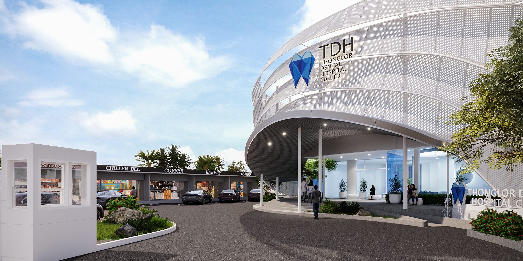 TDH Krungthepkreetha — arrival court with the curved entrance canopy, glazed lobby and planting