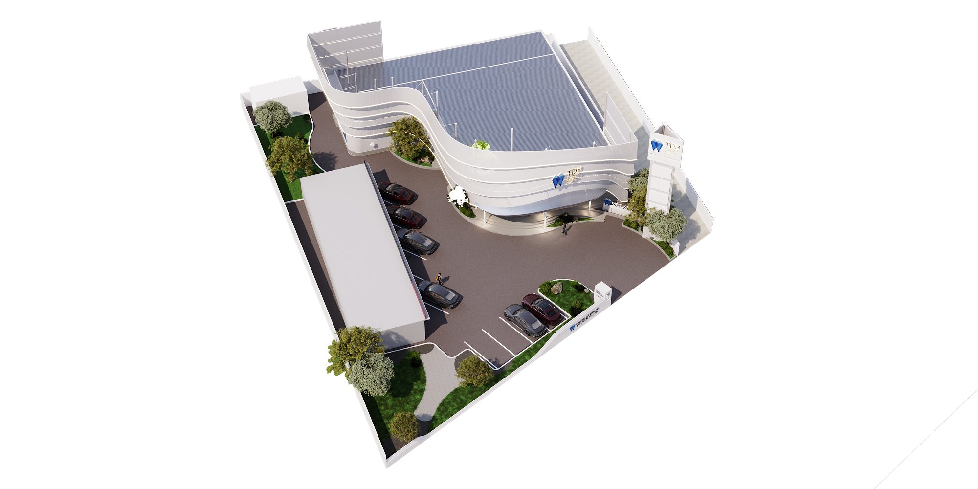 TDH Krungthepkreetha — aerial view of the curved building, parking court and landscaped site edges