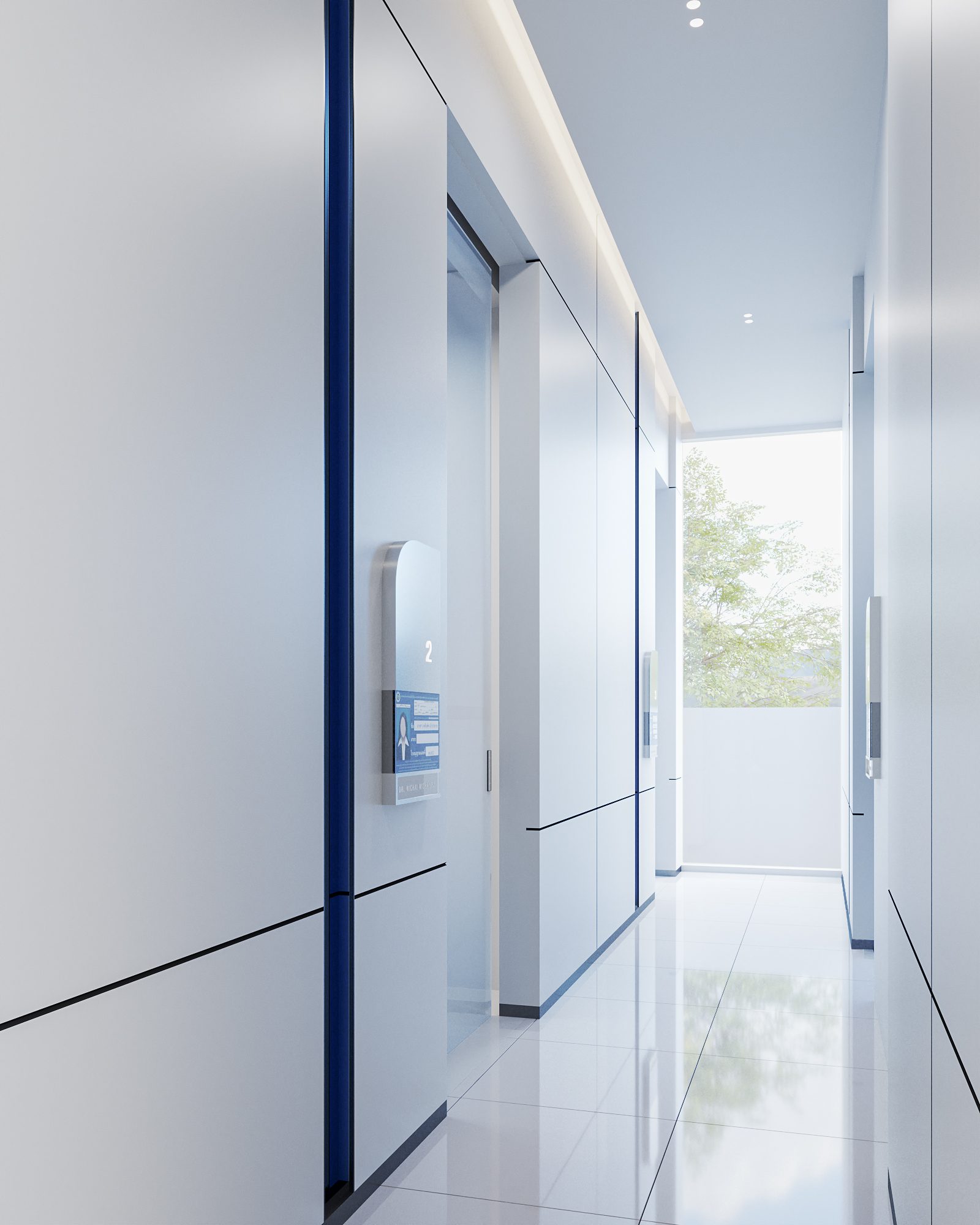 TDH Krungthepkreetha — treatment corridor with white wall panels, blue reveals and room signage