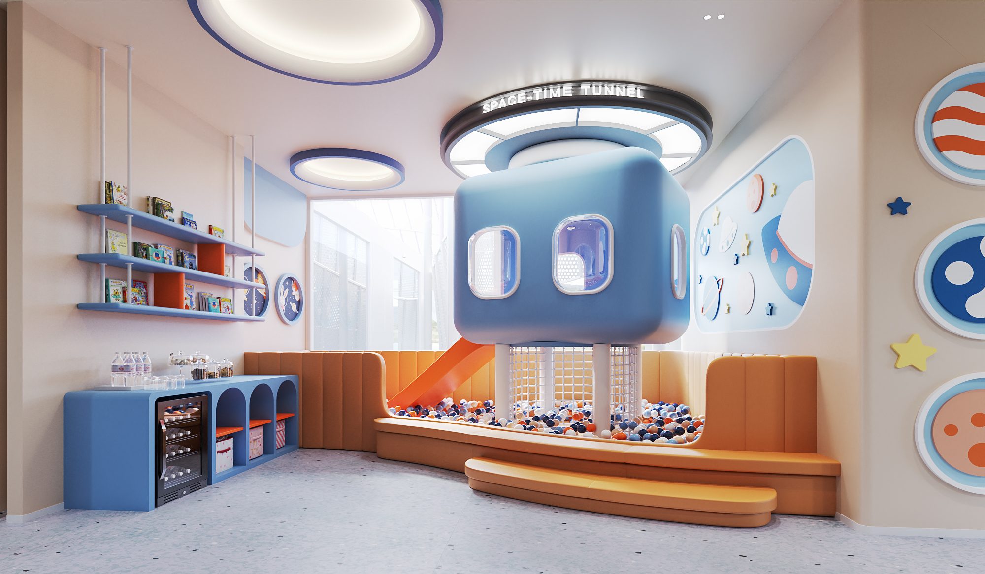 TDH Krungthepkreetha — space-themed children’s waiting area with a capsule play structure, slide and ball pit