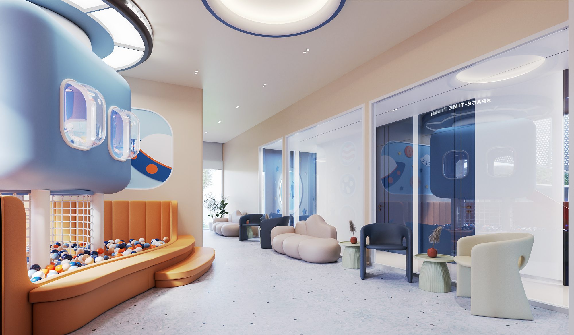 TDH Krungthepkreetha — children’s waiting lounge with rounded seating and glazing to the treatment rooms