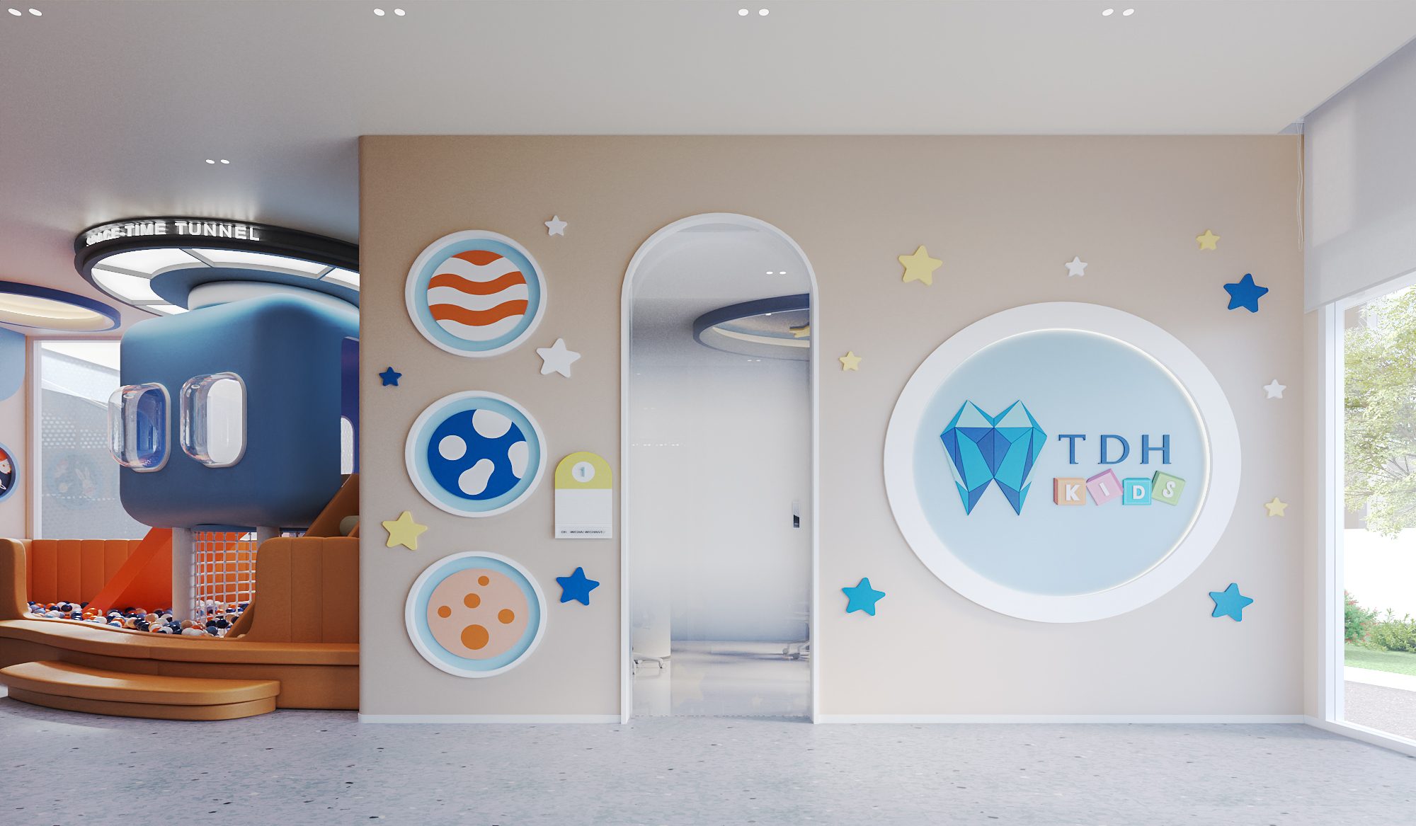 TDH Krungthepkreetha — TDH Kids wall with planetary graphics, stars and an arched doorway