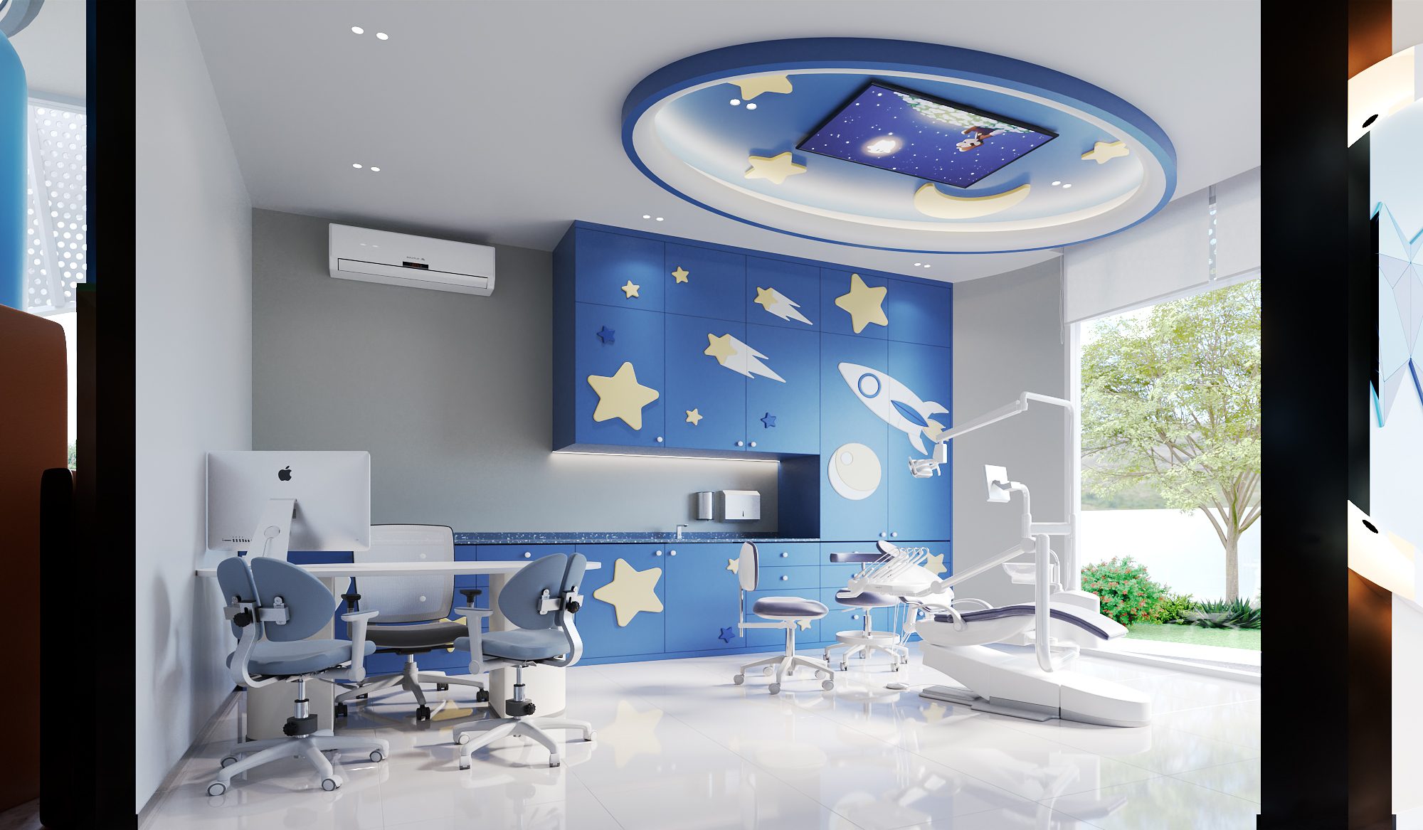 TDH Krungthepkreetha — children’s treatment room with star-patterned blue cabinetry and a night-sky ceiling feature