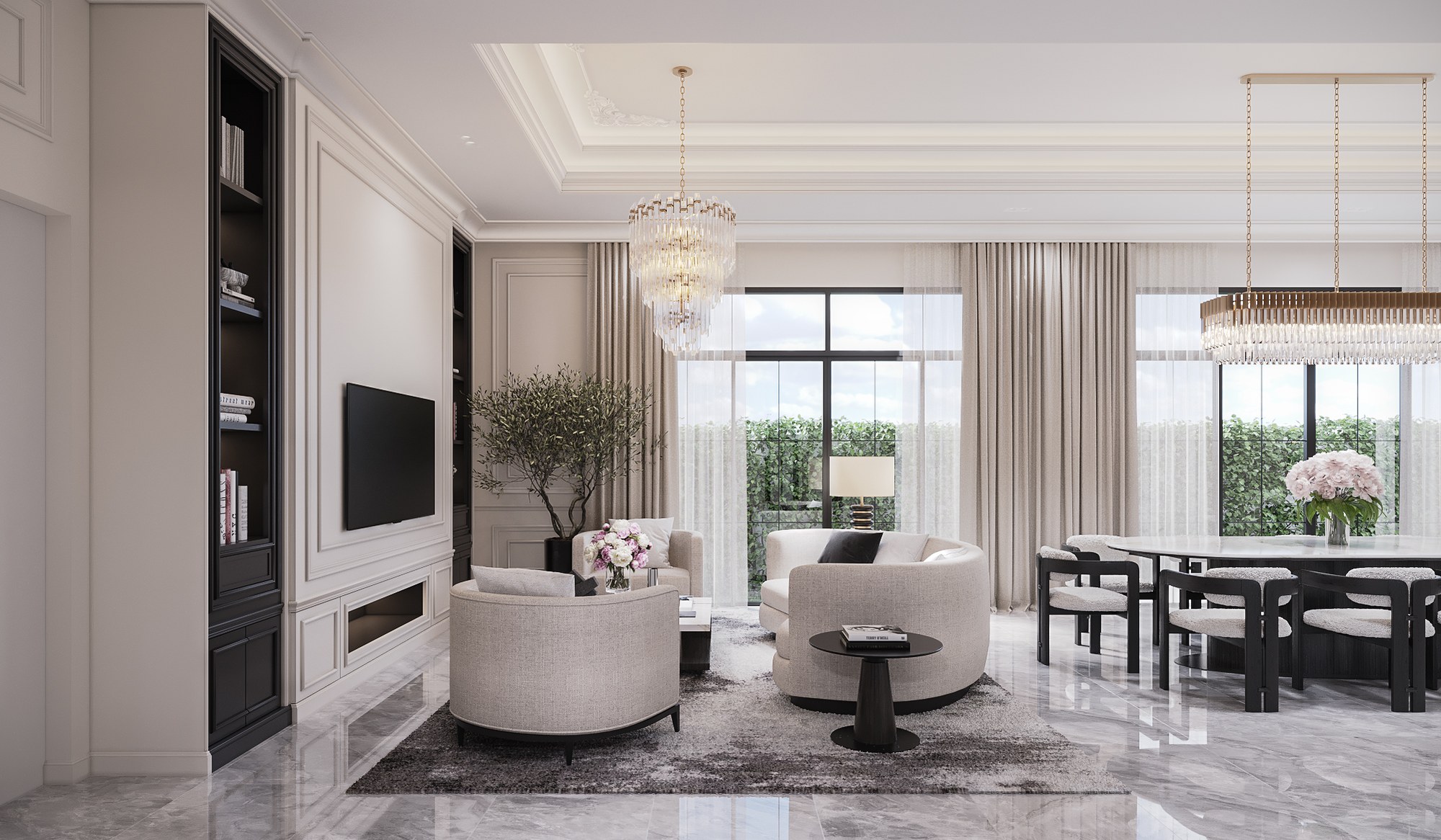The Palazzo living room — a curved cream sofa and tub armchairs on a grey rug facing a panelled TV wall with black bookcases, a crystal chandelier above and the dining table beyond