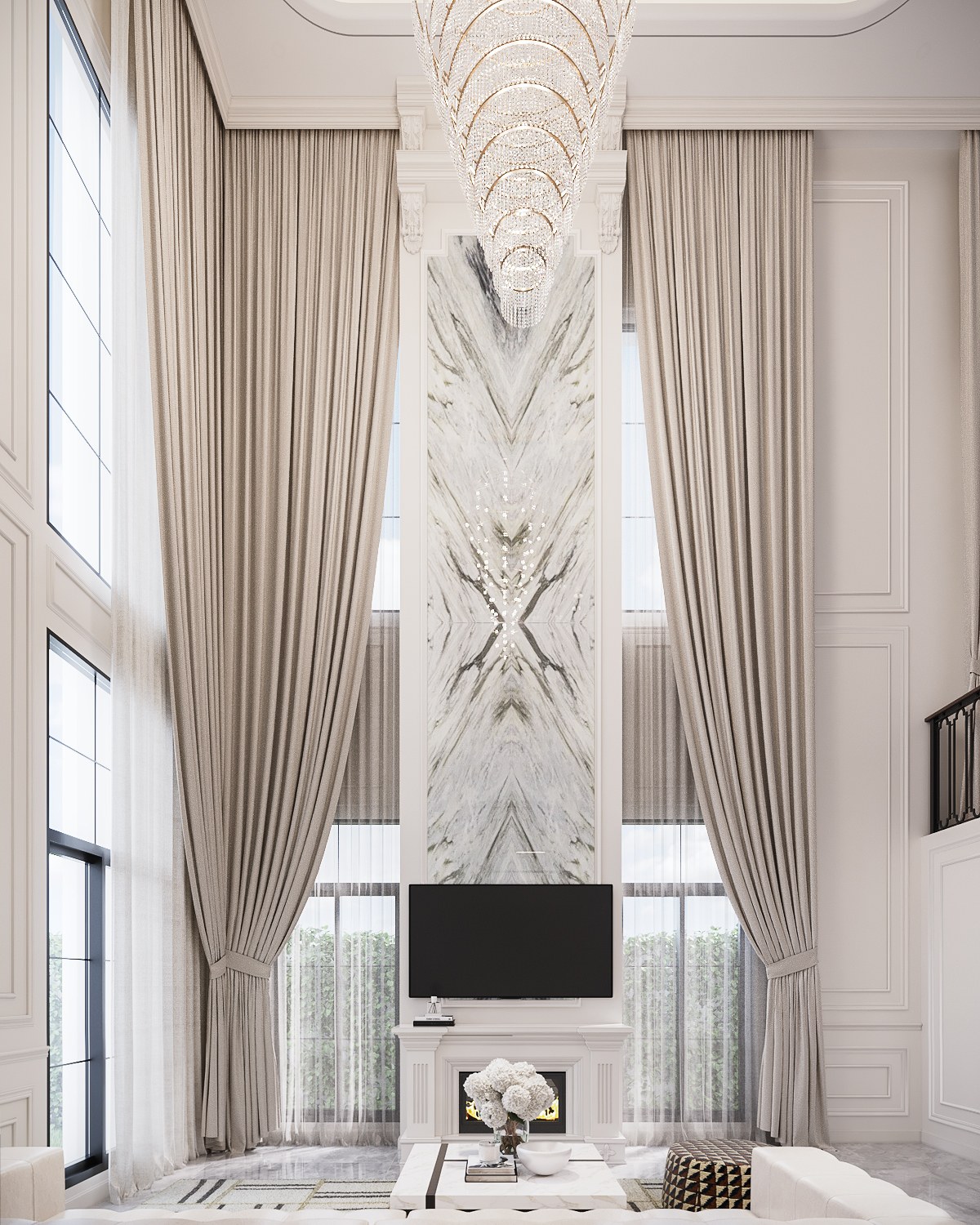 Double-height book-matched marble panel above a white fireplace surround and television at The Palazzo, framed by full-height curtains