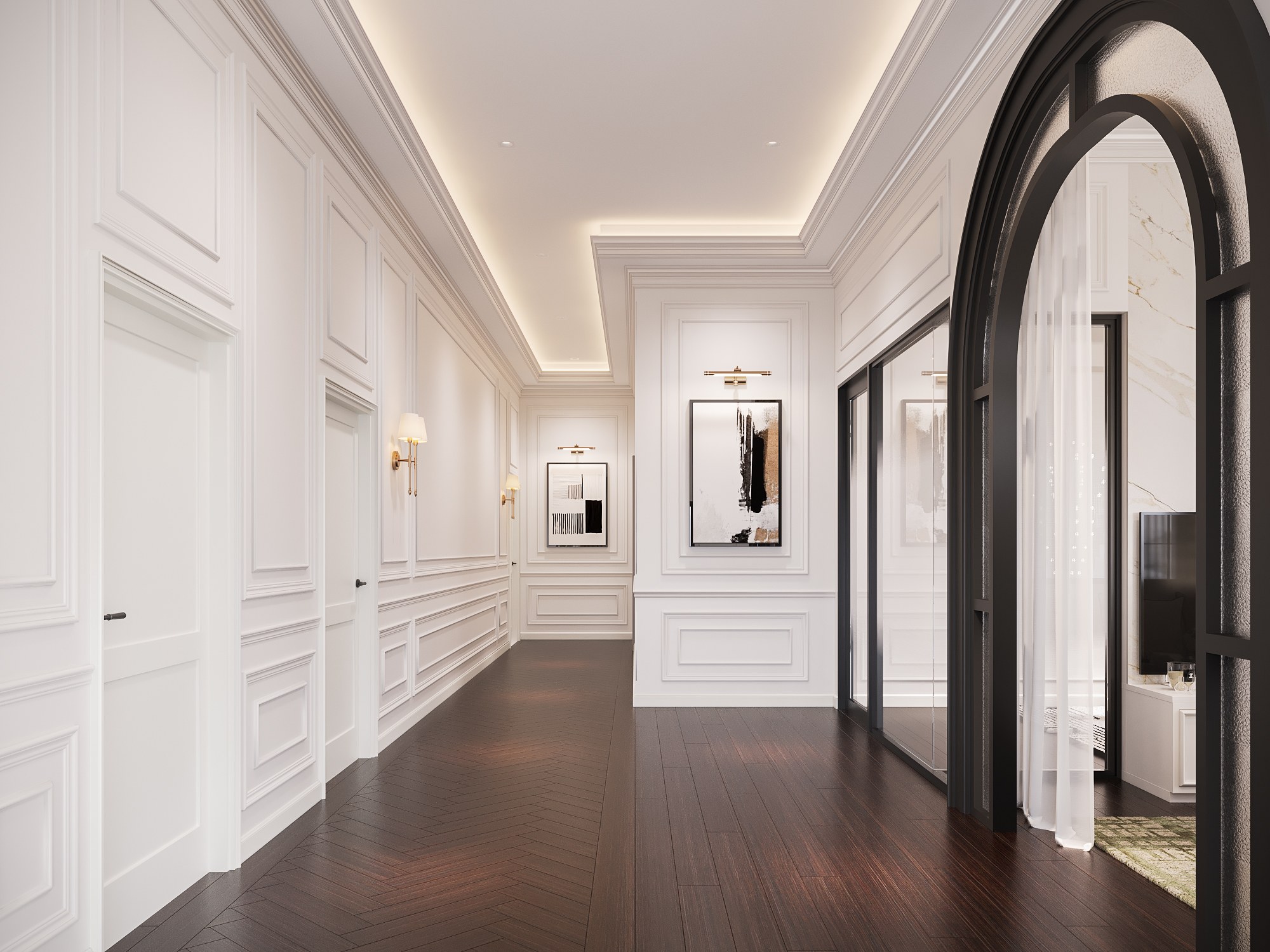Upper corridor at The Palazzo — white panelled walls with wall lights and framed artwork, a cove-lit ceiling and a dark herringbone timber floor