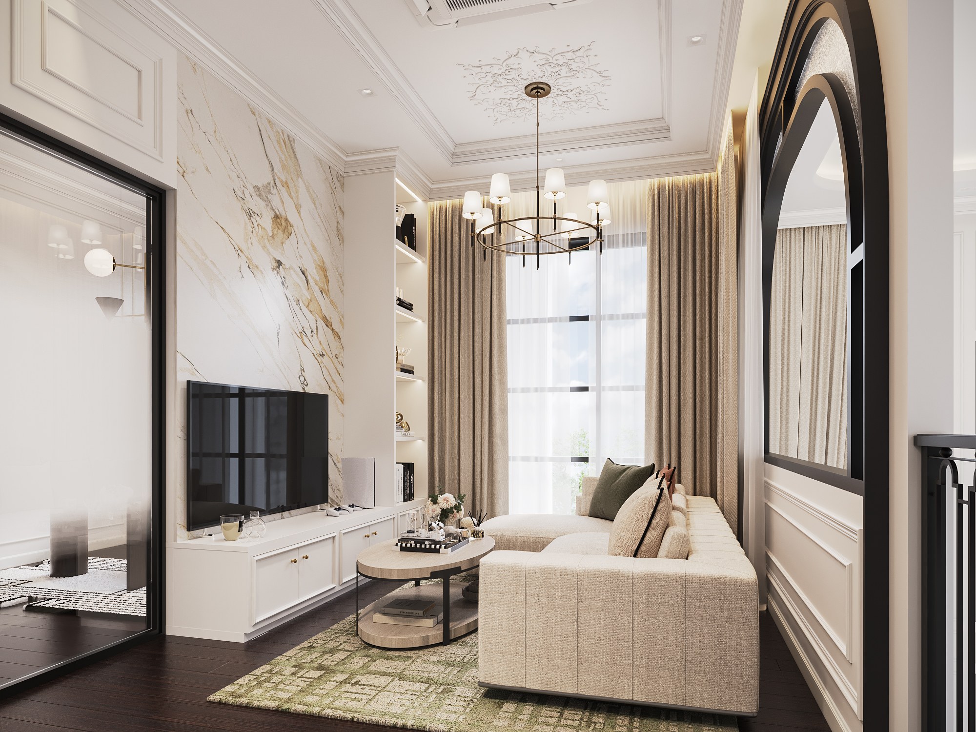The Palazzo game room — a cream sectional sofa facing a television on a gold-veined marble wall, lit shelving, a ring chandelier and a green patterned rug