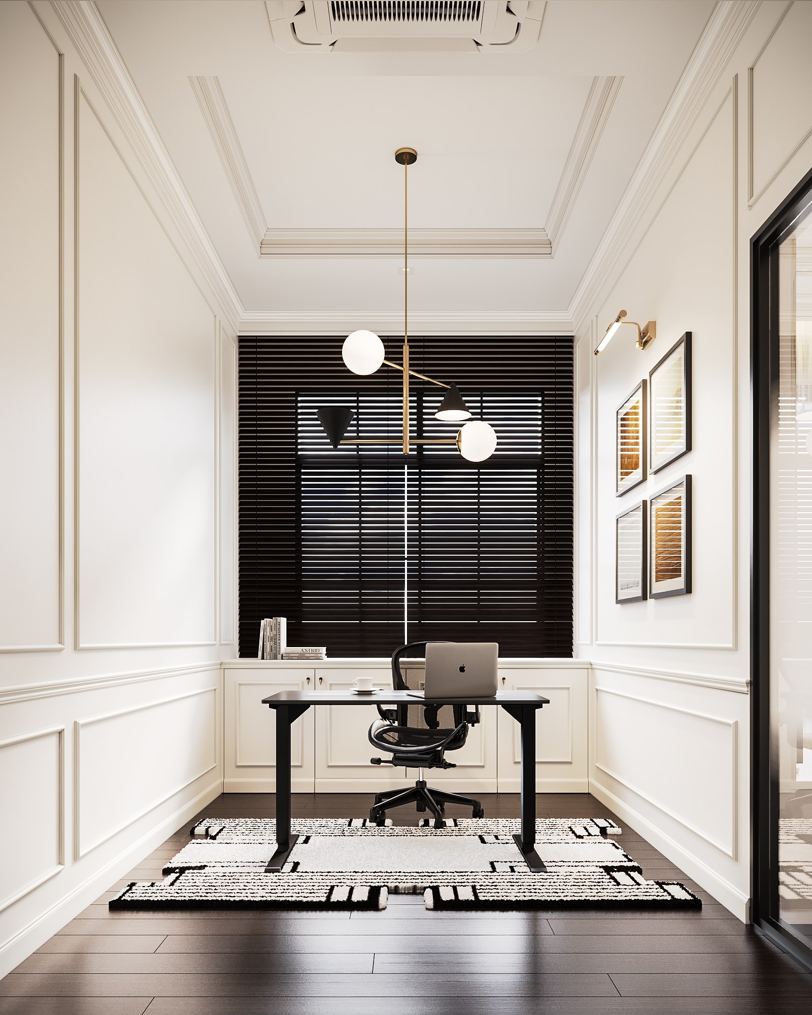 The Palazzo working room — a black desk and task chair in front of dark timber blinds, white panelled walls, a brass pendant light and a black and white rug