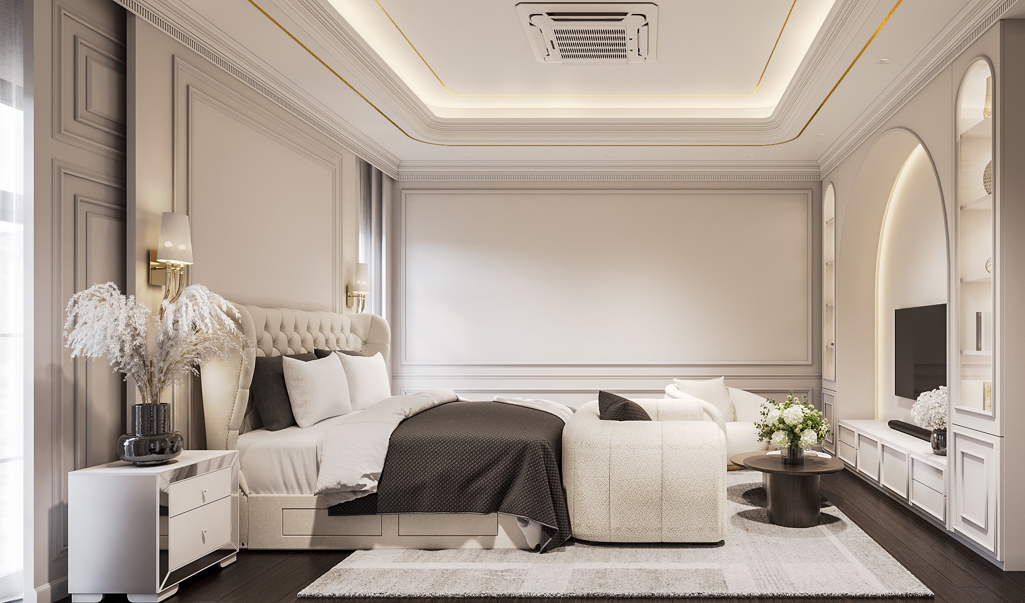 The Palazzo bedroom — a tufted cream wingback bed with a dark quilted throw, panelled greige walls, a gold-trimmed cove ceiling and an arched TV niche