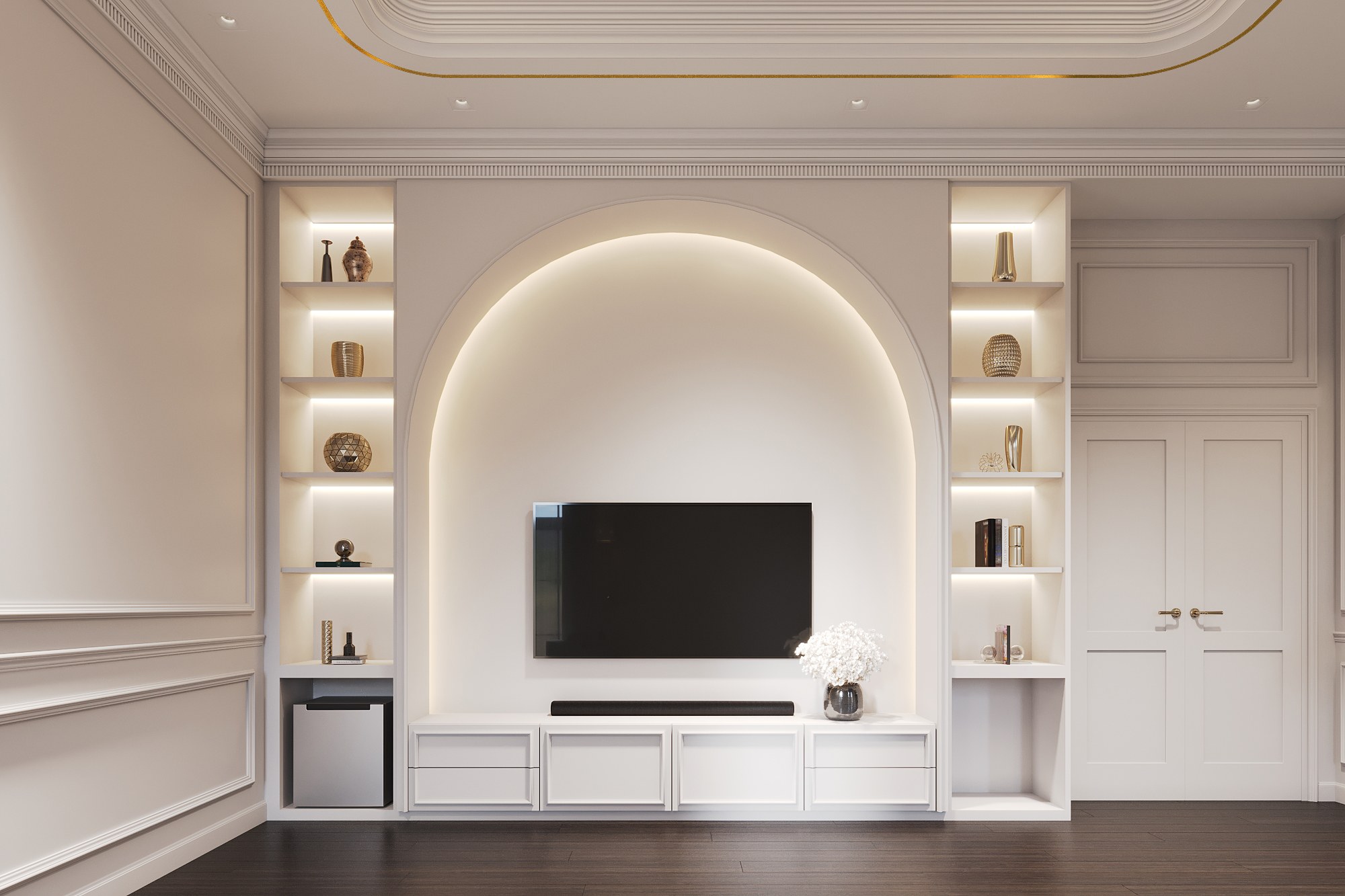 Bedroom TV wall at The Palazzo — a backlit arched niche with a television between lit display shelves above white drawers