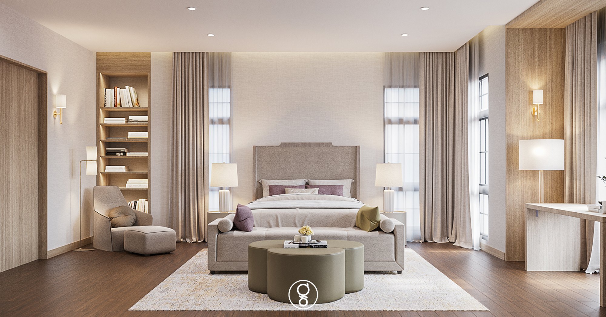 ห้องนอนใหญ่ The Palazzo Pinklao — เตียงบุผ้าพร้อมม้านั่งปลายเตียงและออตโตมันหนังสีเขียว ชั้นไม้ซ่อนไฟ และอาร์มแชร์พร้อมที่วางเท้า