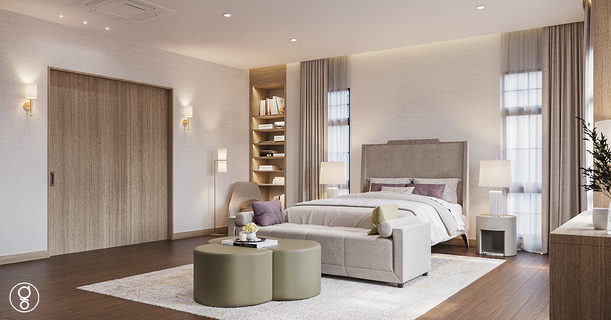 ห้องนอนใหญ่ The Palazzo Pinklao — ประตูบานเลื่อนไม้ ช่องชั้นหนังสือซ่อนไฟ เตียงบุผ้า และออตโตมันหนังสีเขียว