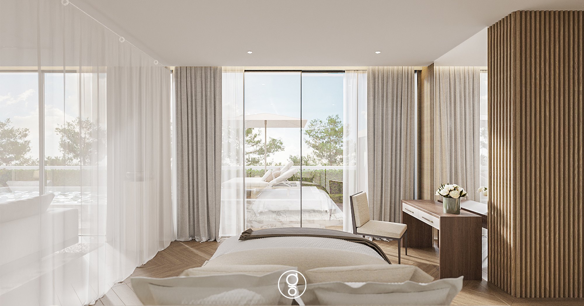 ห้องนอนชั้นล่าง The Palazzo Pinklao — ผ้าม่านโปร่ง โต๊ะทำงาน และฉากระแนงไม้ทรงโค้ง ประตูกระจกบานเลื่อนสู่ลานสระว่ายน้ำ