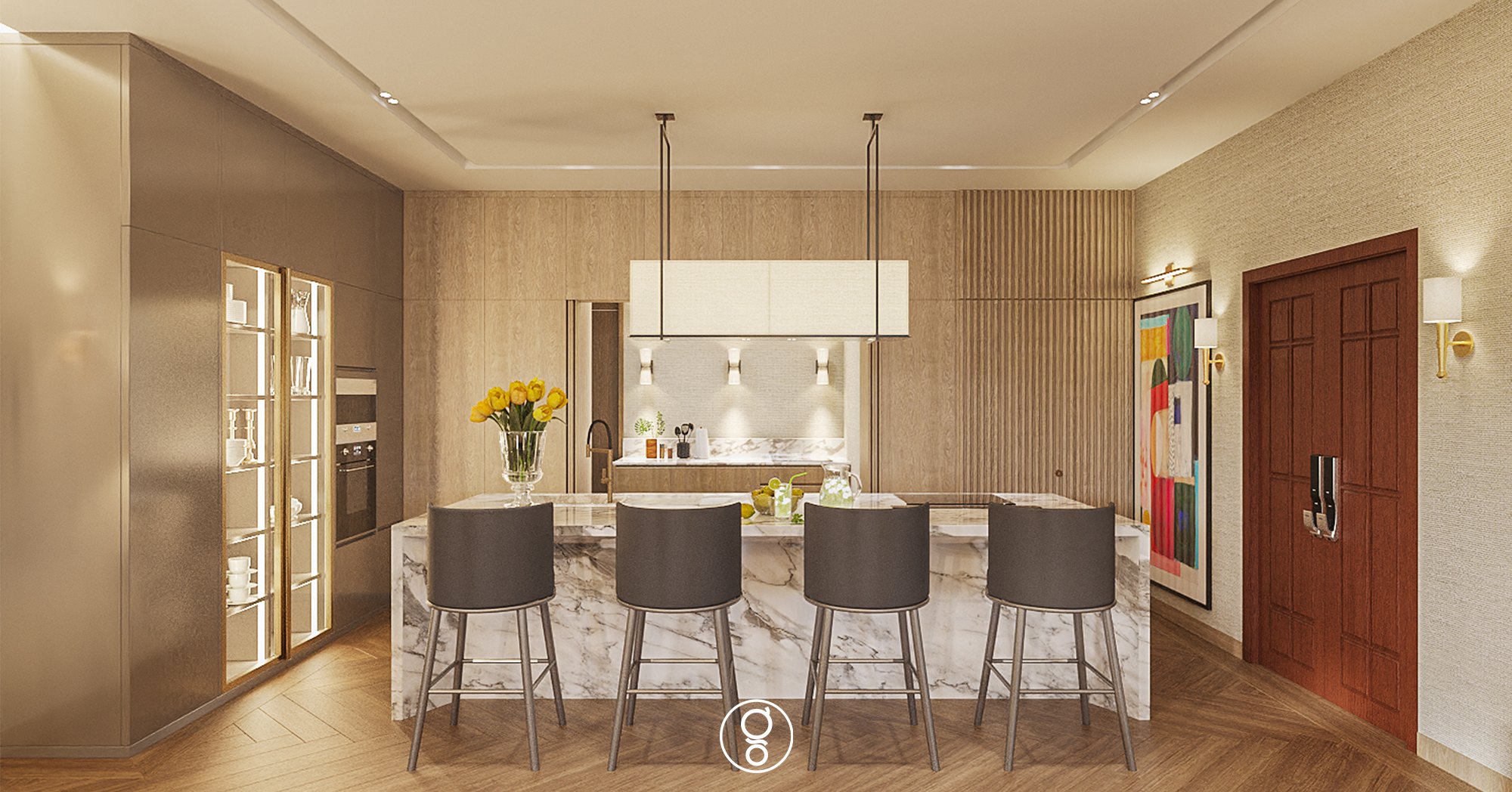 แพนทรี The Palazzo Pinklao — ไอส์แลนด์หินอ่อนพร้อมสตูลสีเข้มสี่ตัว โคมแขวนผ้าลินิน ตู้กระจกซ่อนไฟ และงานศิลปะแนวแอบสแตรกต์