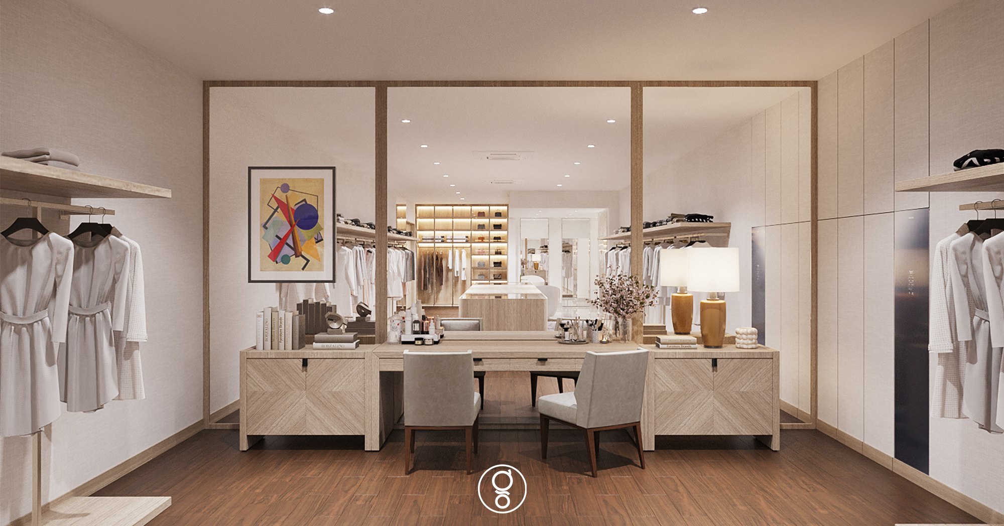 ห้องแต่งตัว The Palazzo Pinklao — โต๊ะเครื่องแป้งไม้กับเก้าอี้สองตัวหน้ากระจกกรอบไม้ งานศิลปะแนวแอบสแตรกต์ และราวแขวนแบบเปิด